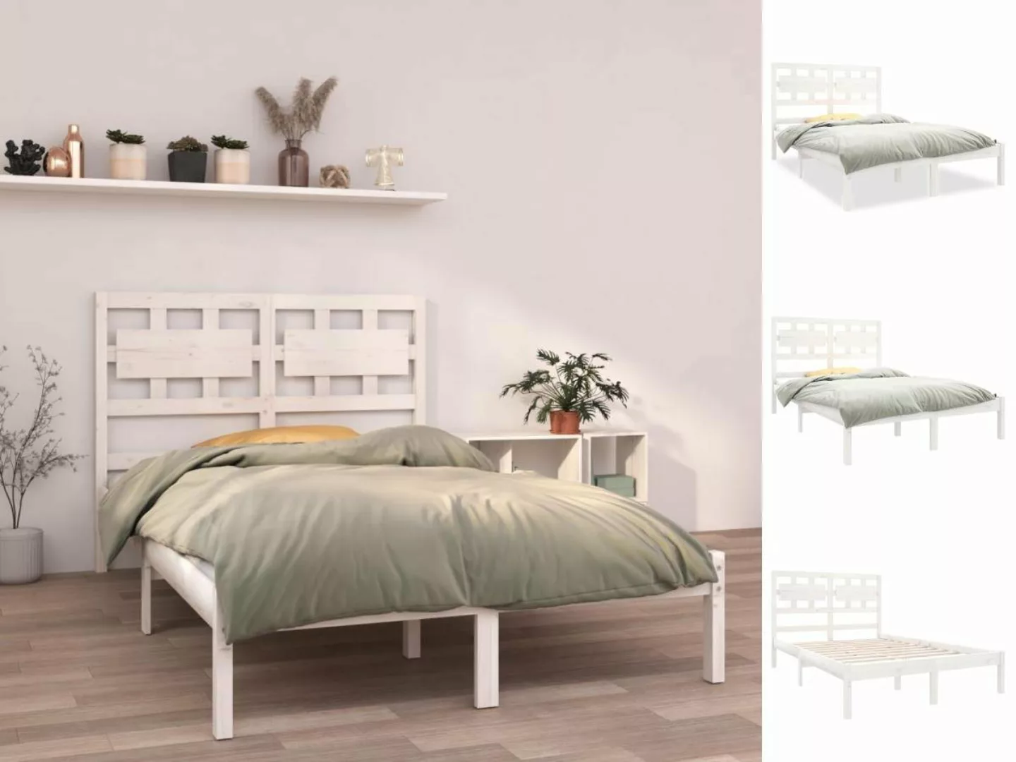vidaXL Bettgestell Massivholzbett Weiß 135x190 cm 4FT6 Doppelbett Bett Bett günstig online kaufen