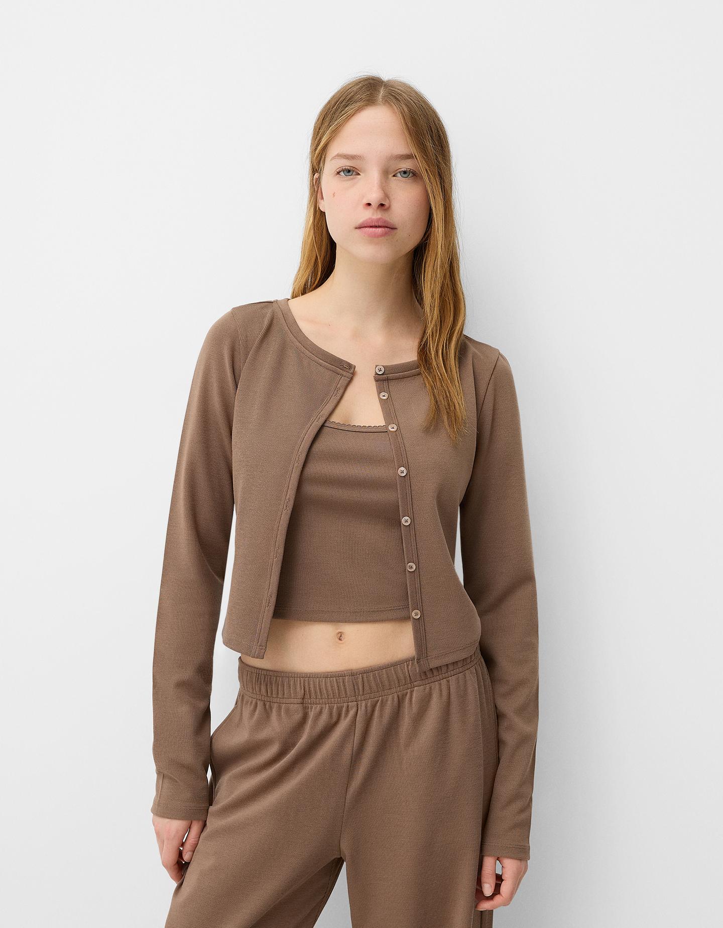 Bershka Strickjacke Mit Top Und Knöpfen Damen S Camel günstig online kaufen