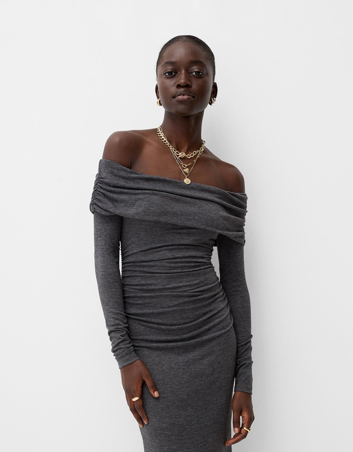 Bershka Midikleid Mit Carmen-Ausschnitt Damen Xs Grau günstig online kaufen