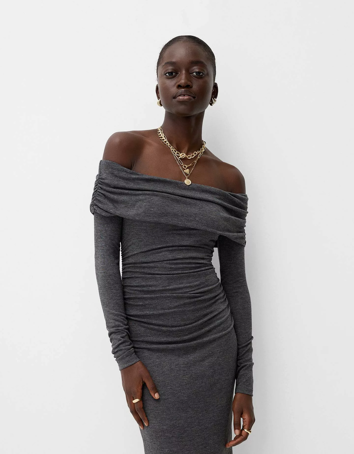 Bershka Midikleid Mit Carmen-Ausschnitt Damen S Grau günstig online kaufen