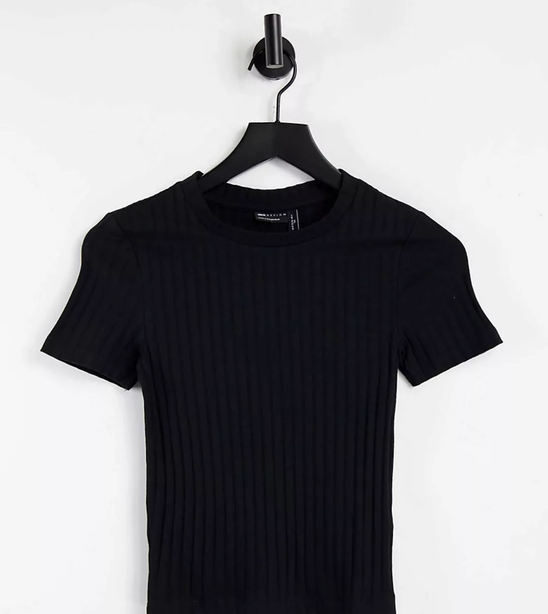 ASOS DESIGN Tall – Schmal geschnittenes, geripptes T-Shirt in Schwarz günstig online kaufen