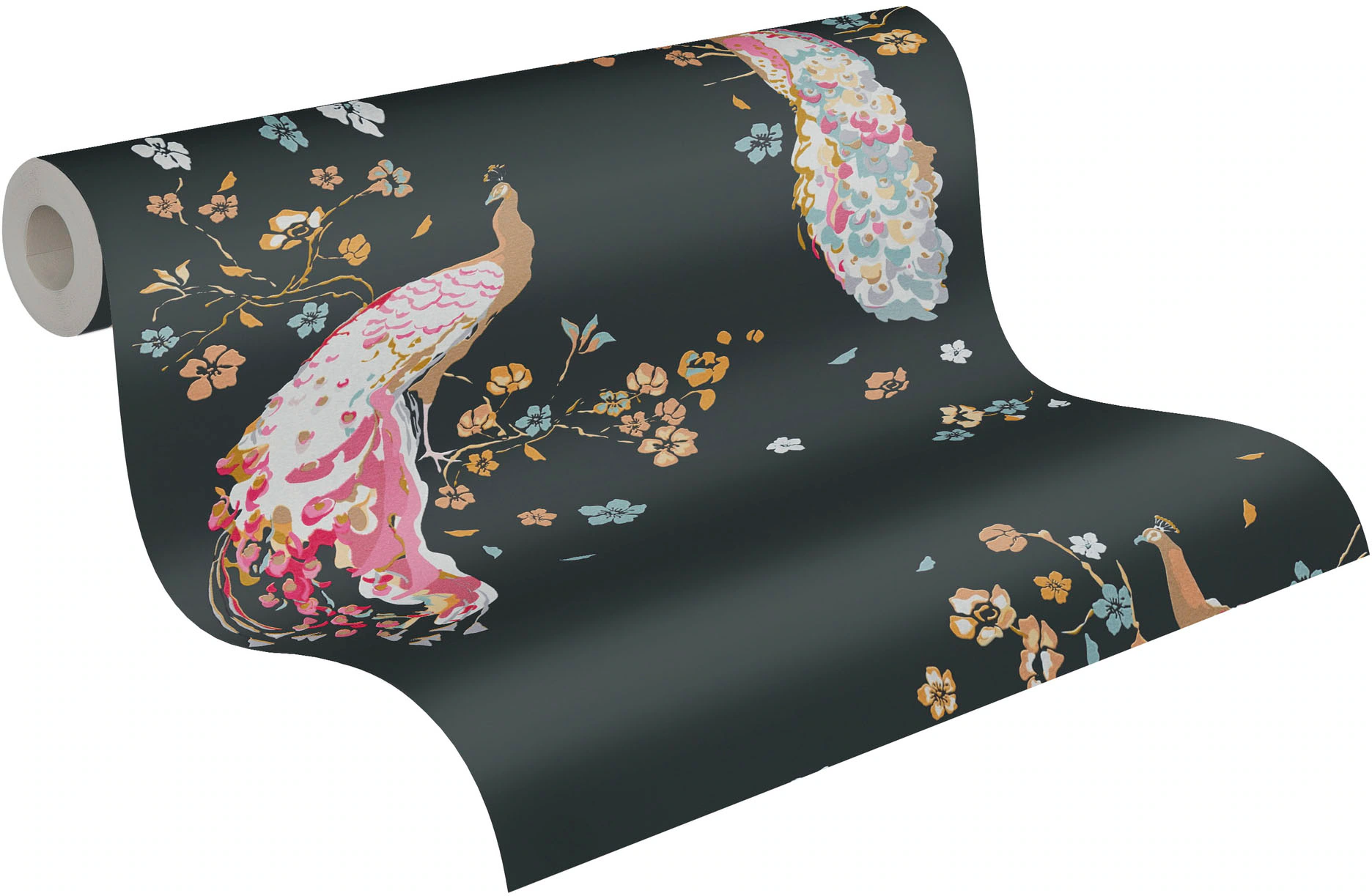 Bricoflor Schwarze Tapete mit Pfau Vlies Blumentapete mit Vogel Ideal für S günstig online kaufen