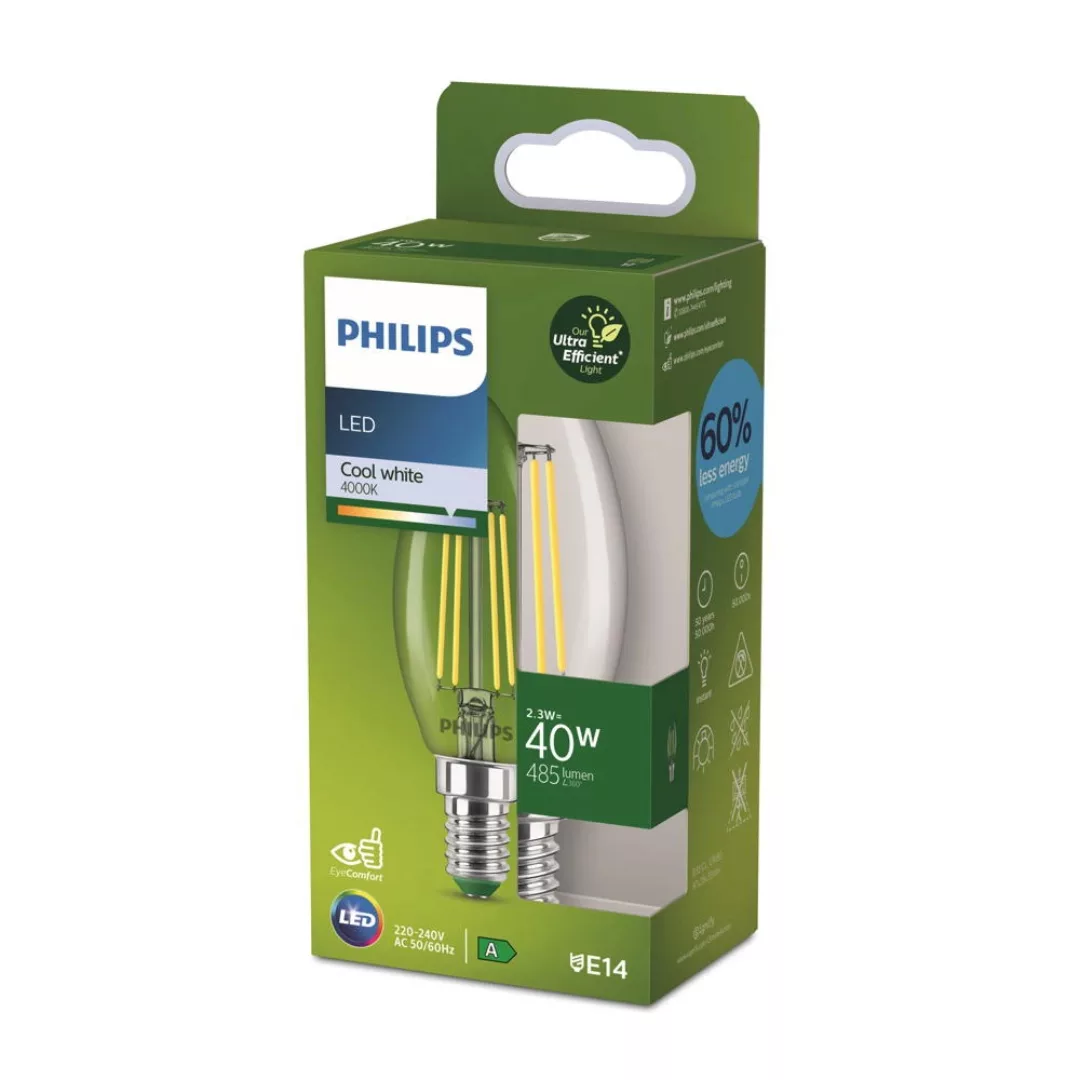 Philips Ultra Efficient LED Filament Lampe E14 Kerze - B35 2,3W 485lm 4000K günstig online kaufen