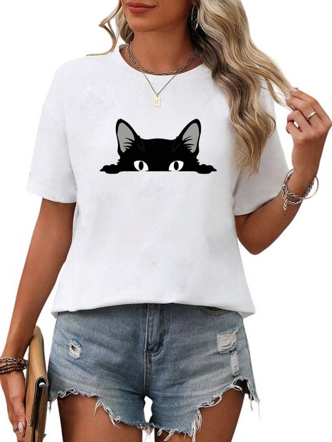 PYL T-Shirt Damen Sommer Casual T-Shirt mit Katze Print Tee günstig online kaufen