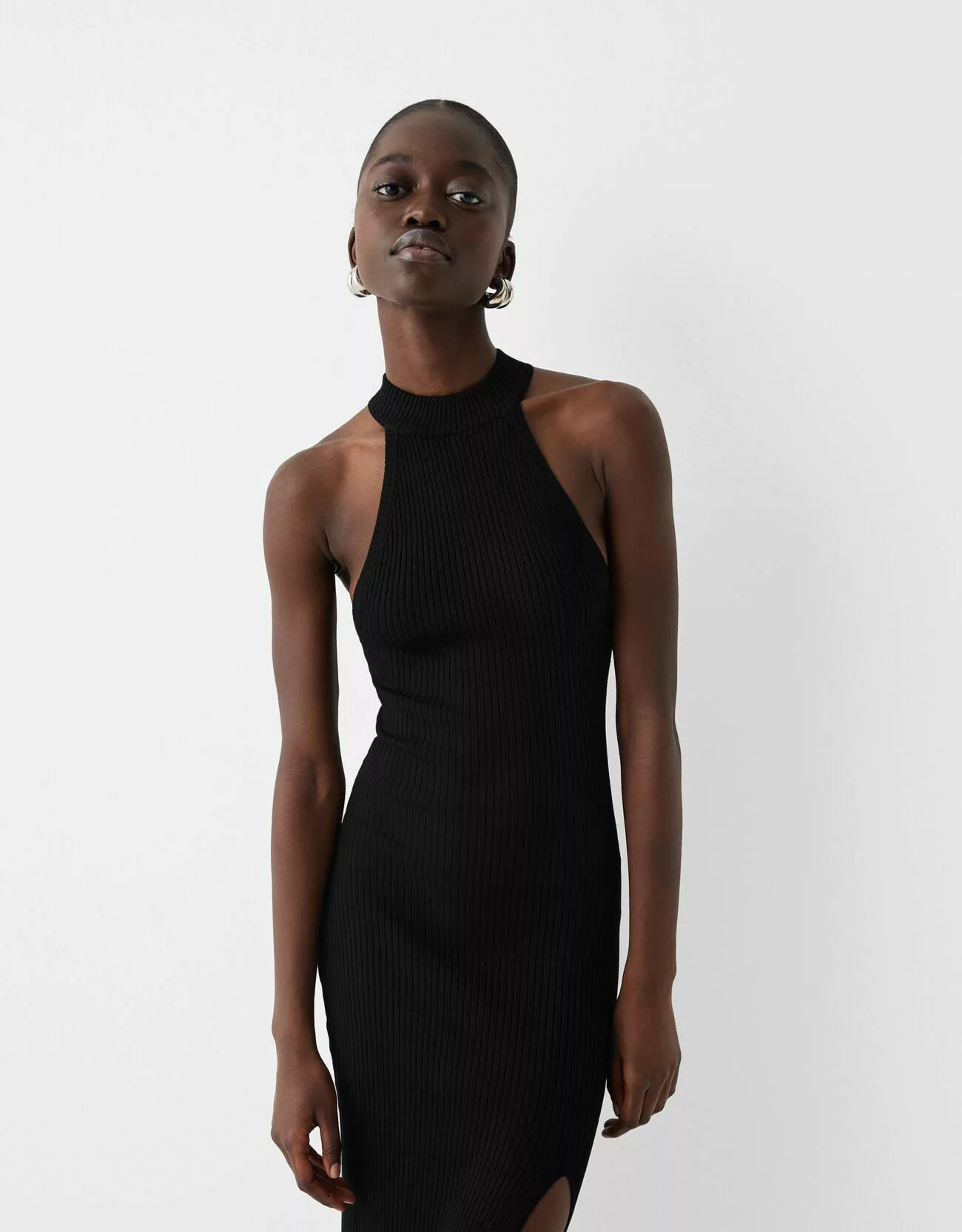 Bershka Midikleid Mit Rippmuster Und Neckholder Damen M Schwarz günstig online kaufen