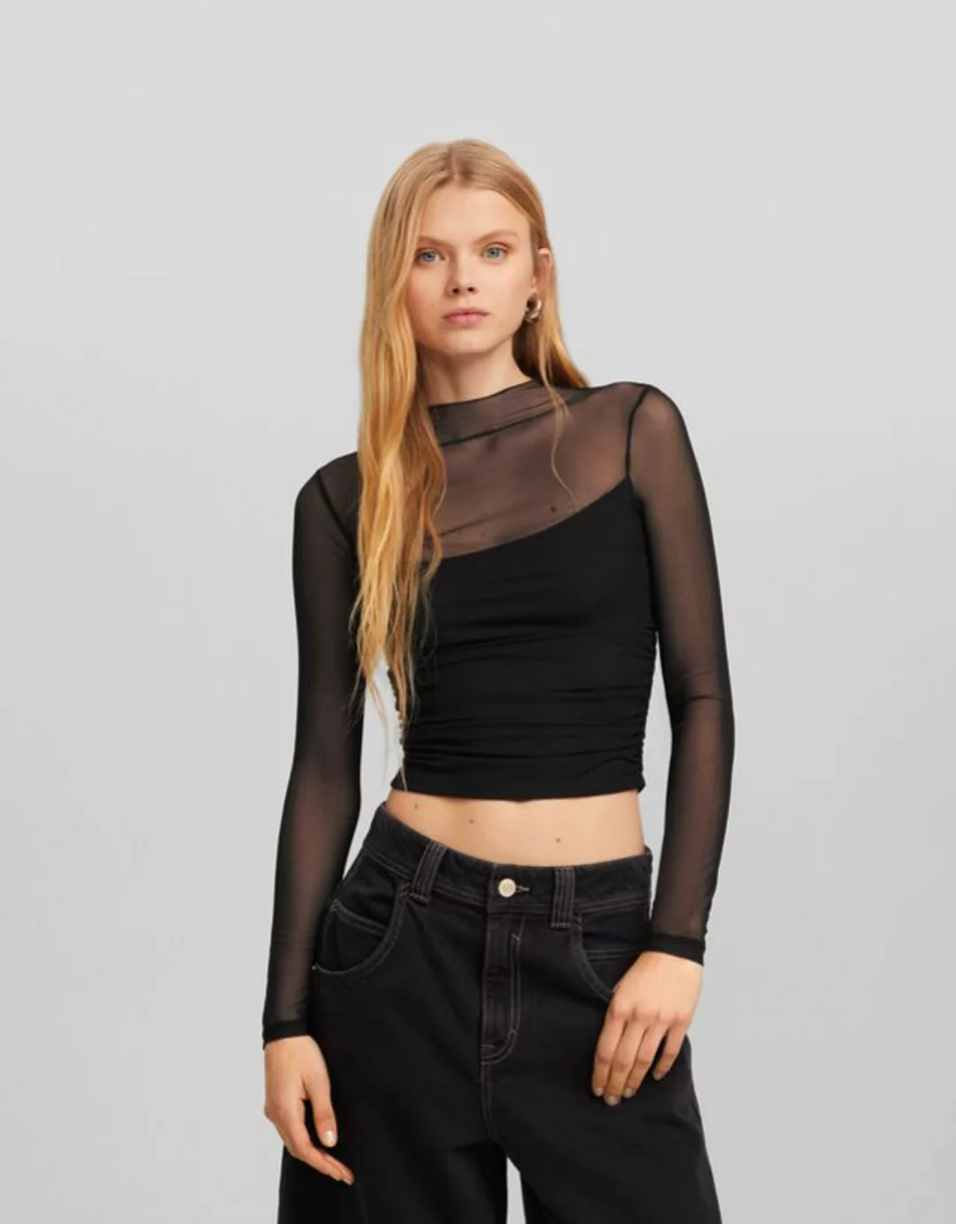 Bershka Langarmshirt Aus Tüll Mit Raffungen Damen M Schwarz günstig online kaufen