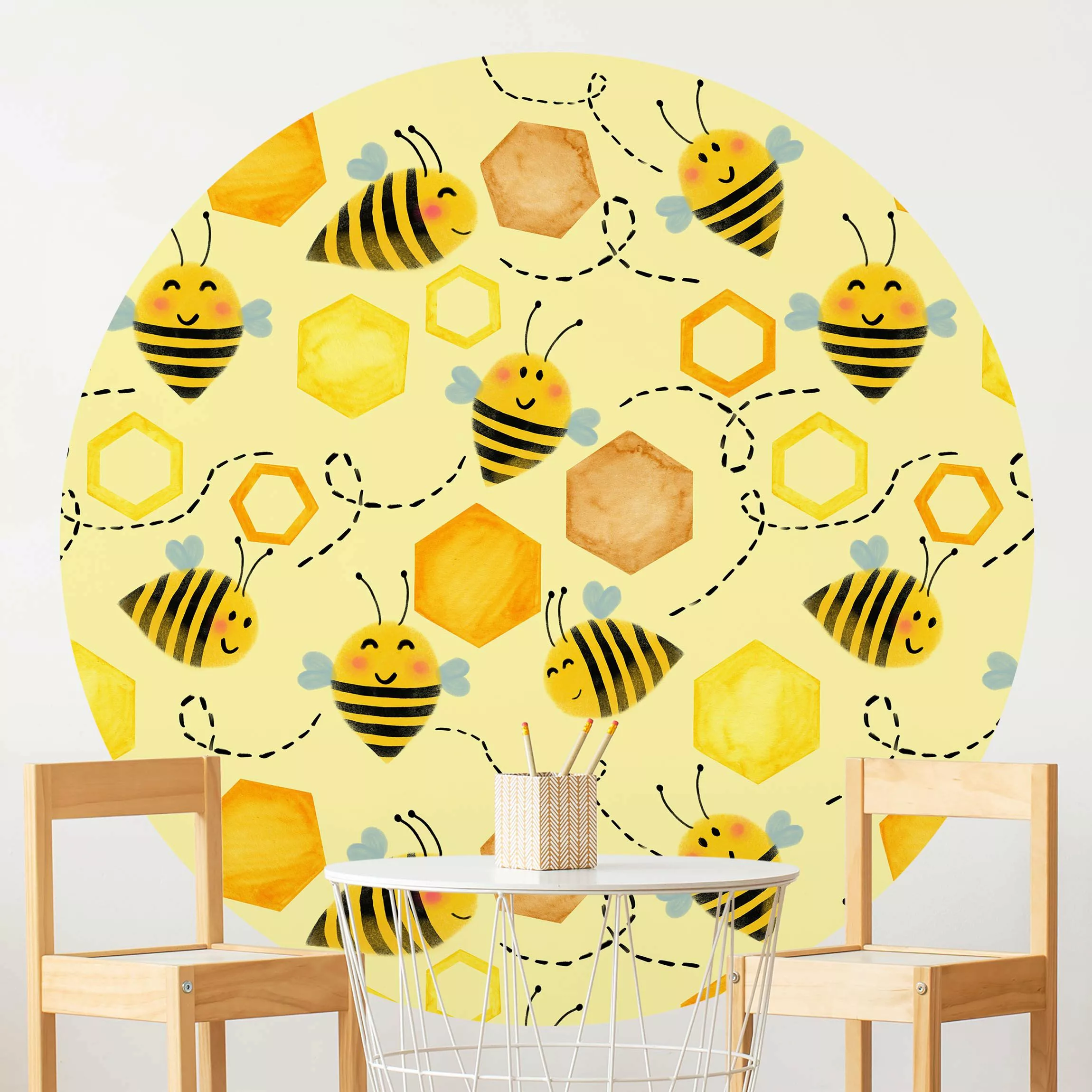 Bilderwelten Runde Tapete selbstklebend Süßer Honig mit Bienen Illustration günstig online kaufen