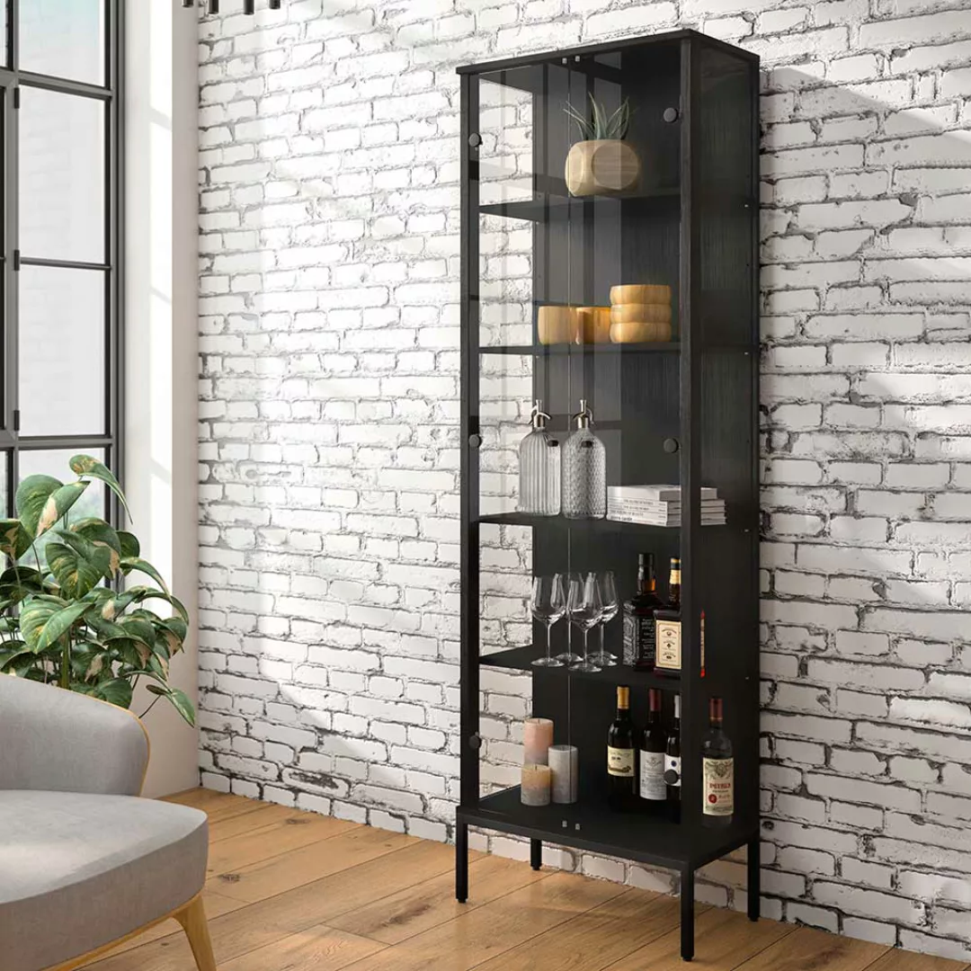 Wohnzimmervitrine schwarz modern im Industry und Loft Stil 188 cm hoch günstig online kaufen