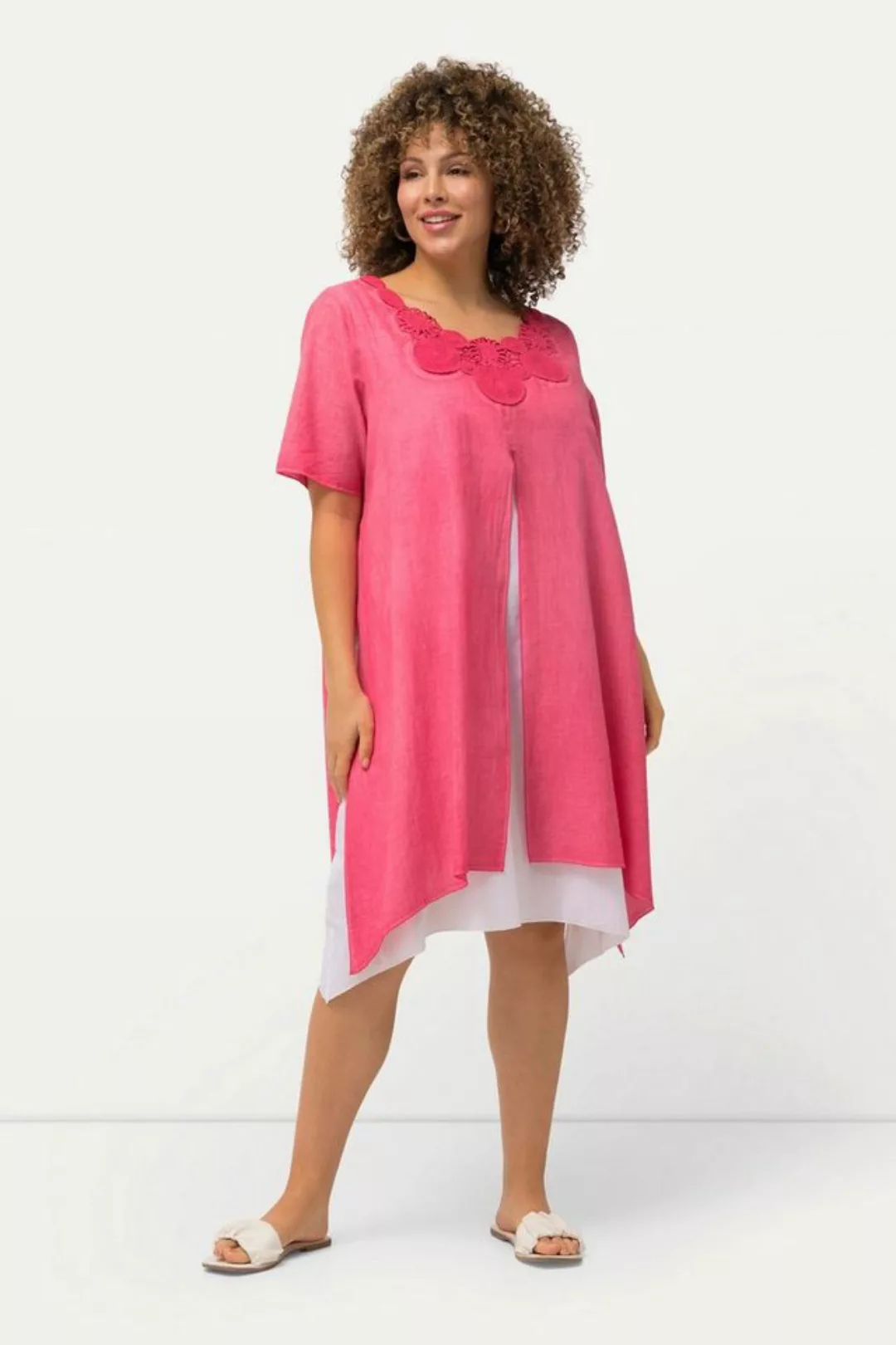 Ulla Popken Sommerkleid Tunika-Kleid Spitze doppellagig Rundhals Halbarm günstig online kaufen