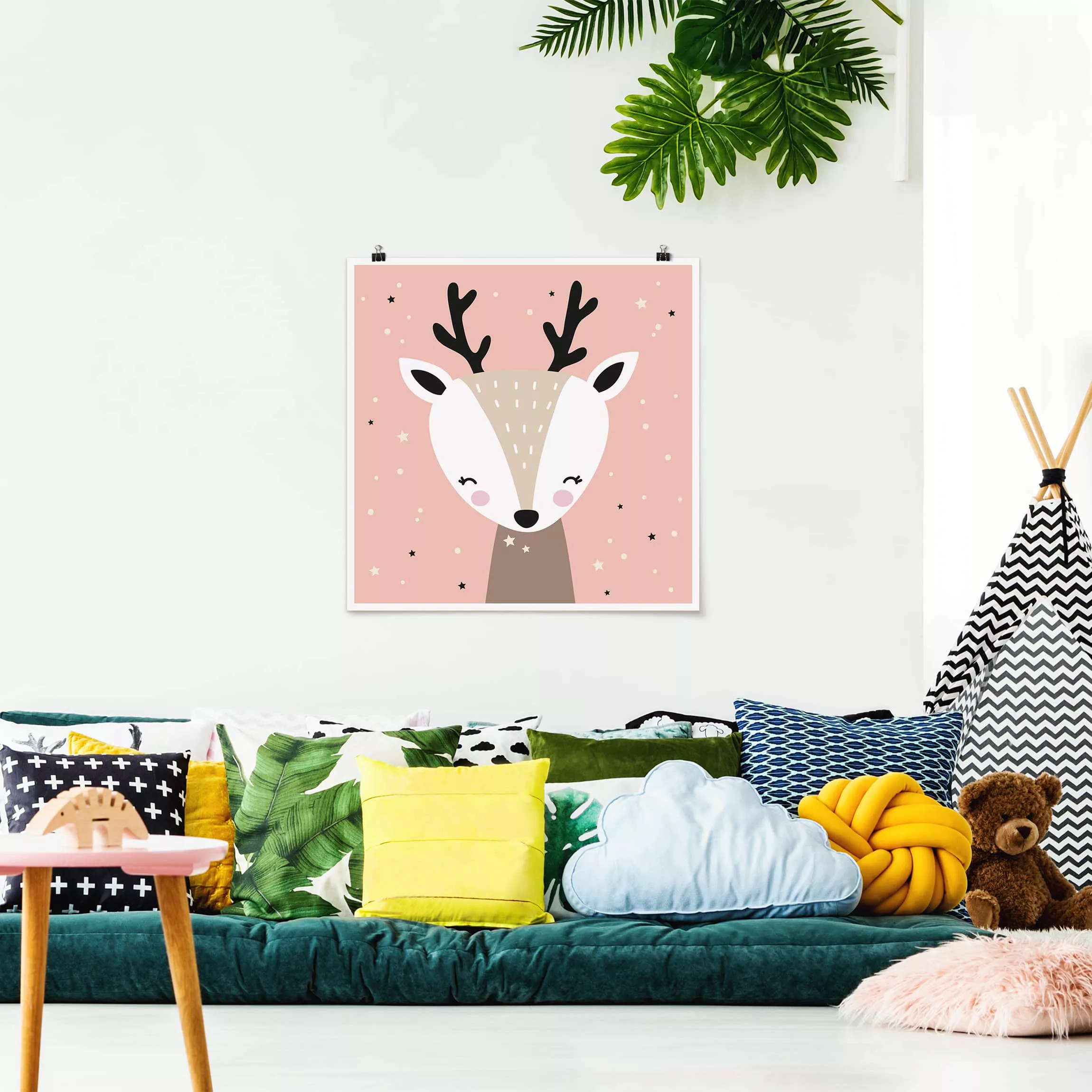 Poster Tiere - Quadrat Glückliches Reh günstig online kaufen