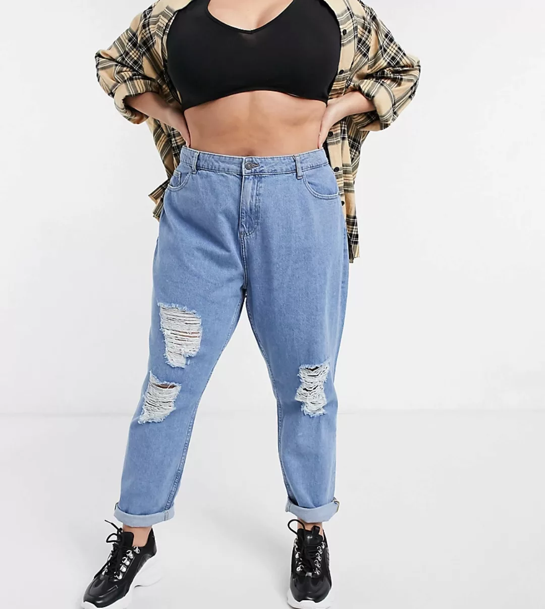 Noisy May Curve – Mom-Jeans mit Destroyed-Optik in verwaschenem Mittelblau günstig online kaufen