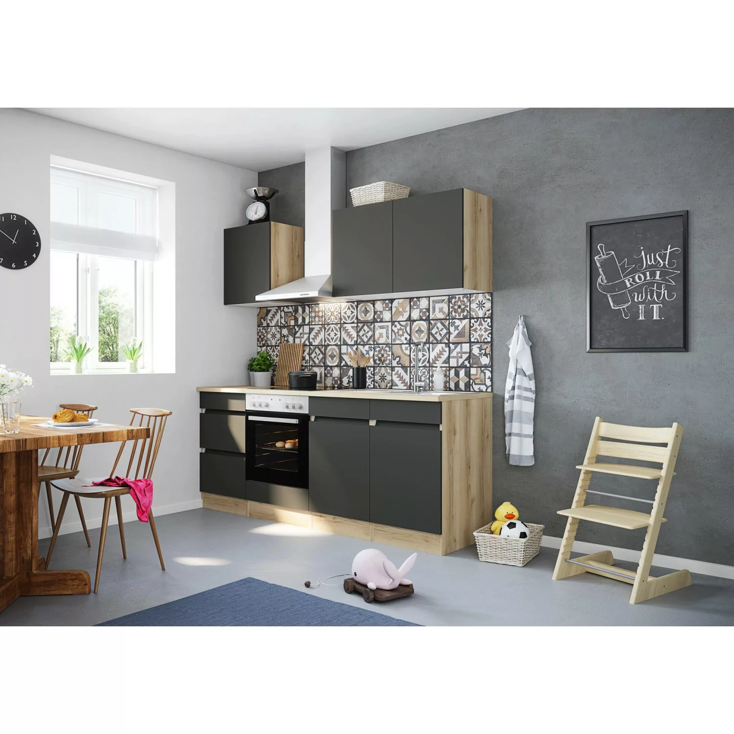 Optifit Küchenzeile OPTIkombi Noah420 mit E-Geräten 210 cm Anthrazit/Wildei günstig online kaufen