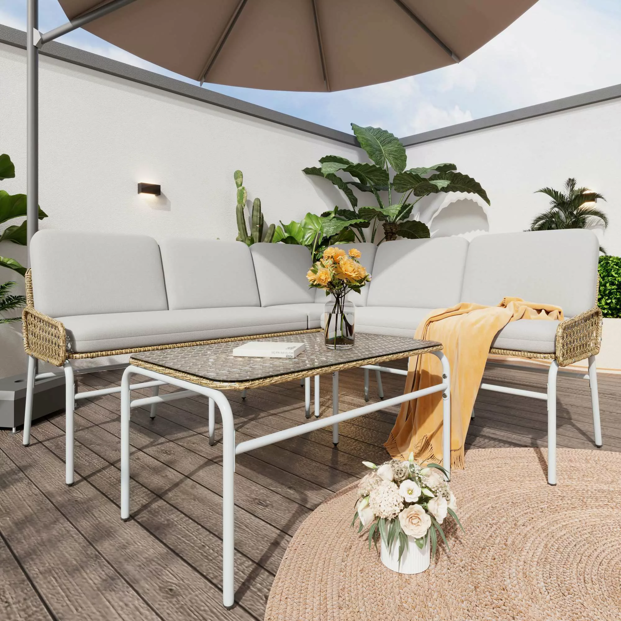 Poly-Rattan-Garnitur für Garten, Lounge-Set mit Ecksofa, Tisch aus gehärtet günstig online kaufen