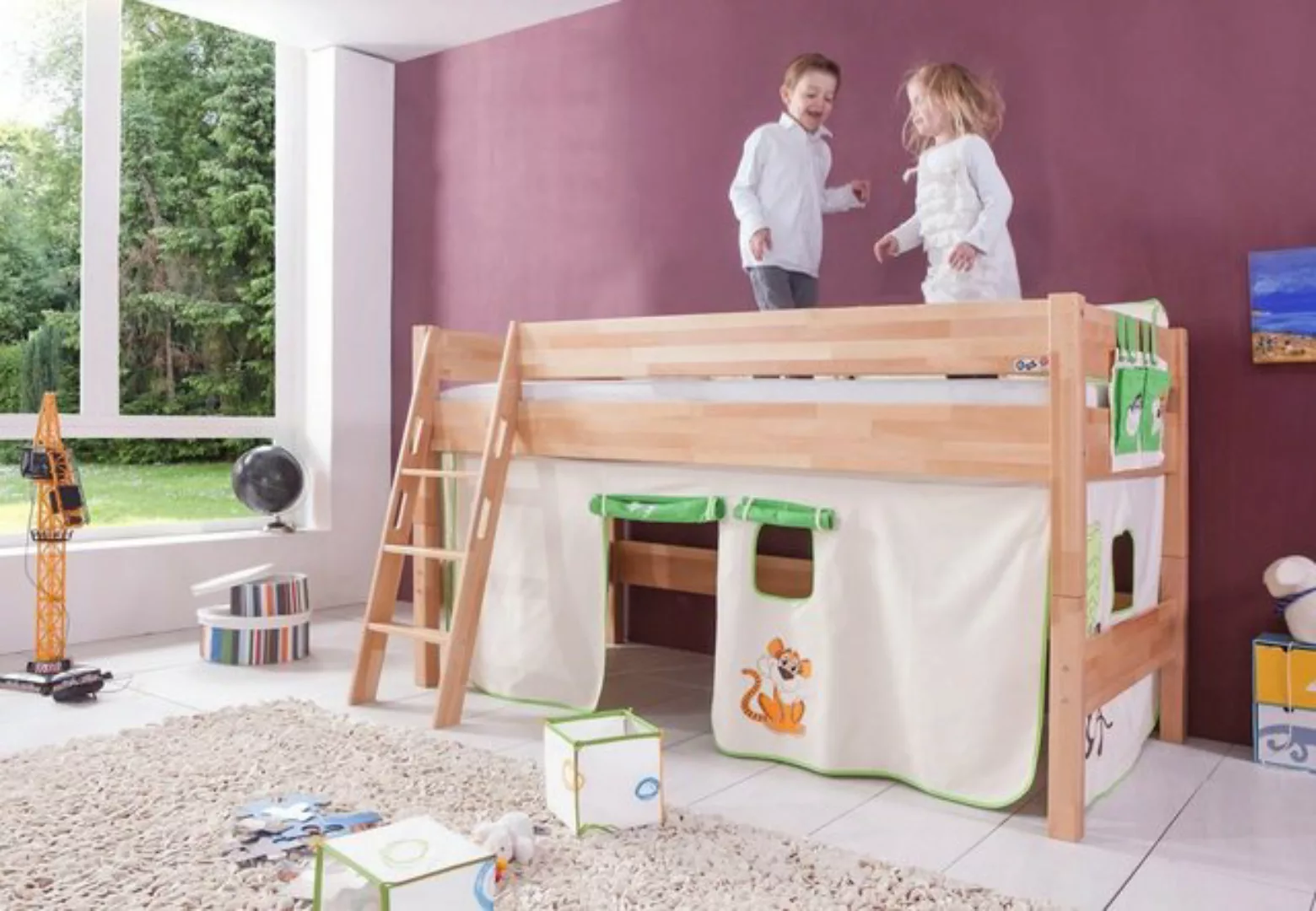 Natur24 Kinderbett Halbhohes Einzelbett Kim Buche lackiert 90x200cm Einzelb günstig online kaufen