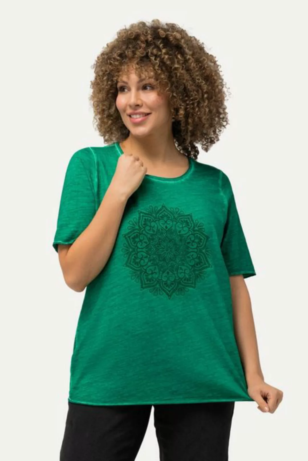 Ulla Popken Rundhalsshirt T-Shirt Mandala-Flockdruck Classic Rundhals günstig online kaufen