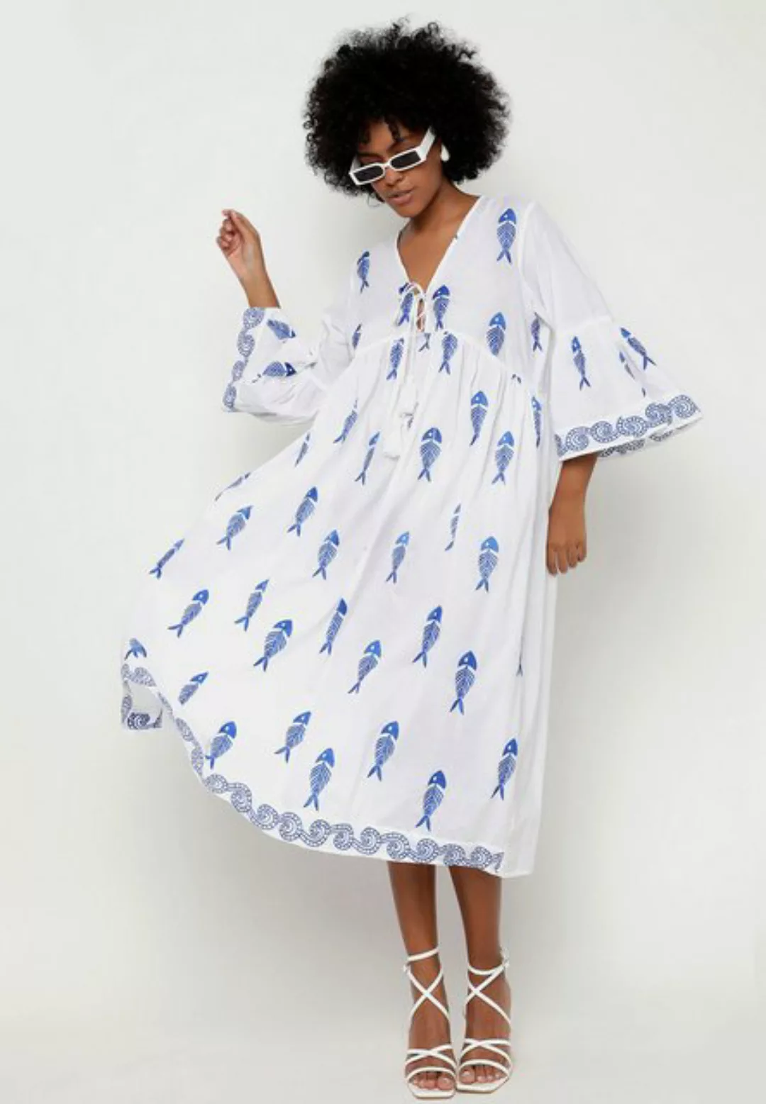 YC Fashion & Style Sommerkleid Sommerkleid mit Fischskelett-Muster in Weiß günstig online kaufen