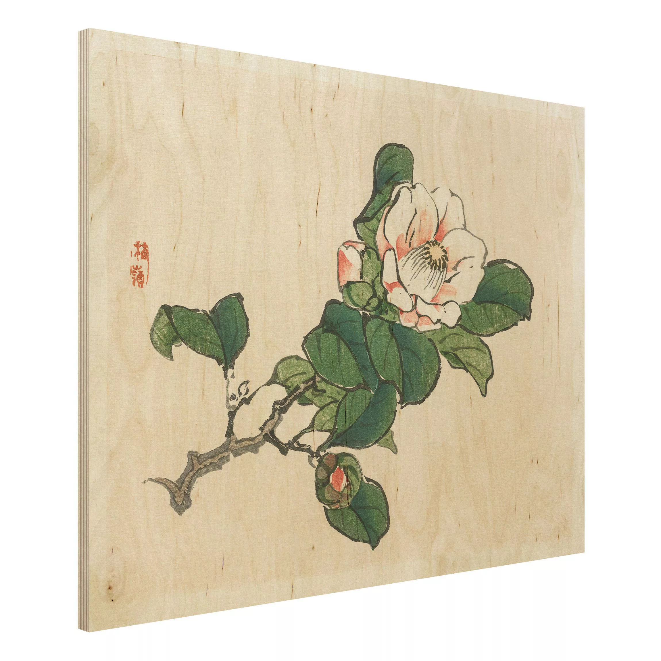 Holzbild Blumen - Querformat 4:3 Asiatische Vintage Zeichnung Apfelblüte günstig online kaufen