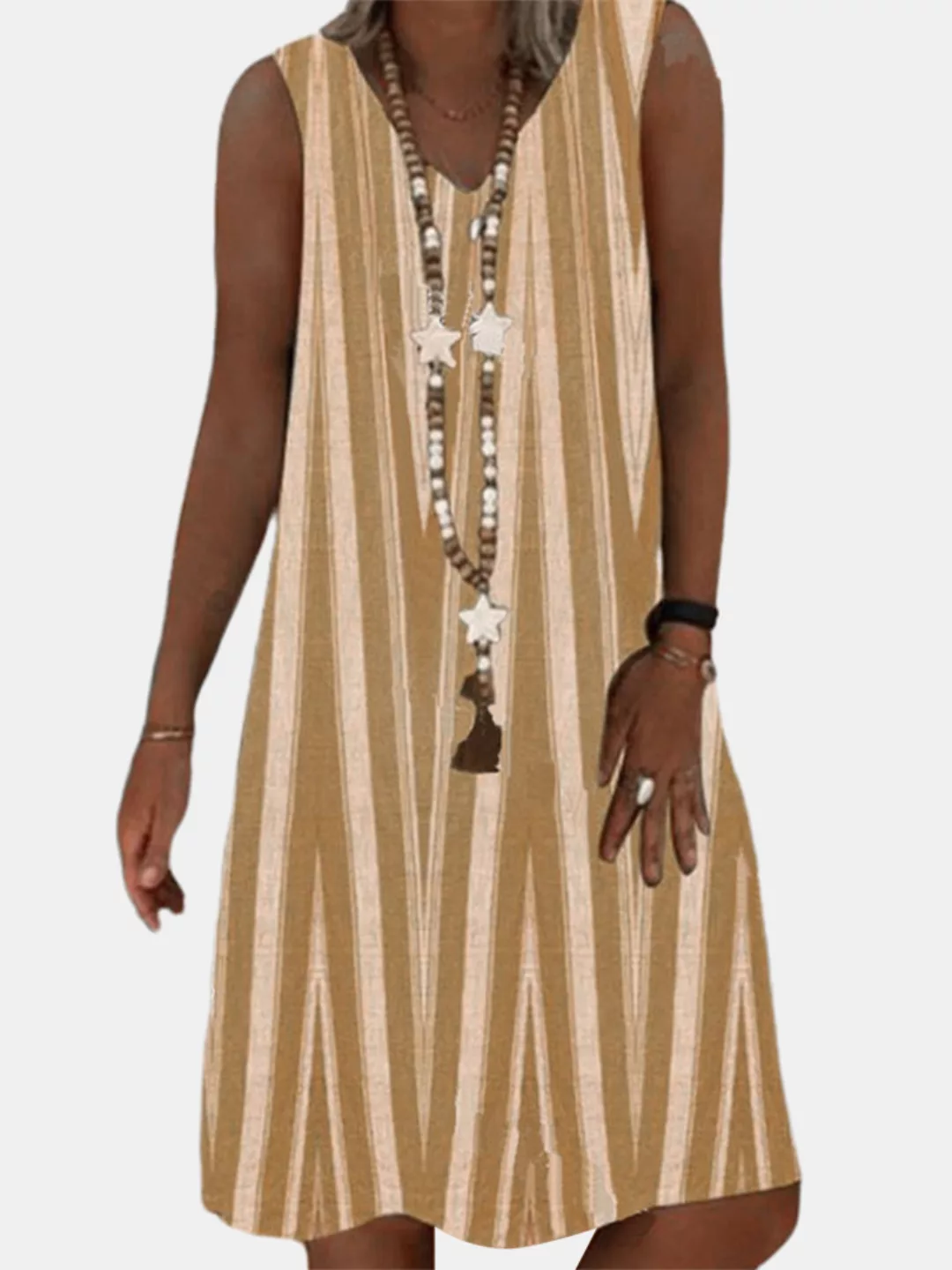 Vintage Gestreifter ärmelloser lässiger Midi Kleid mit V-Ausschnitt günstig online kaufen