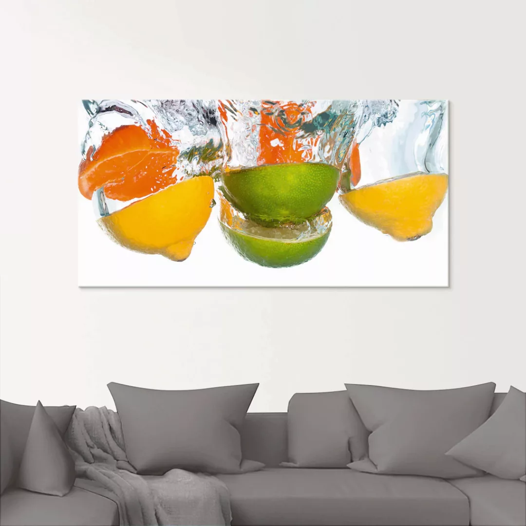 Artland Glasbild "Zitrusfrüchte fallen in klares Wasser", Lebensmittel, (1 günstig online kaufen