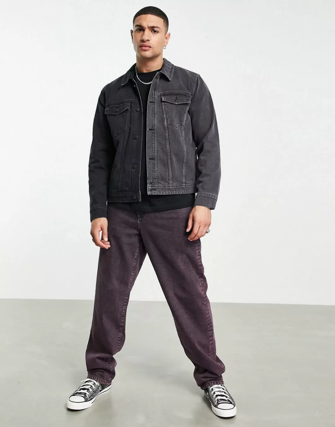 Topman – Jeansjacke in gespleißtem Grau und verwaschenem Schwarz günstig online kaufen
