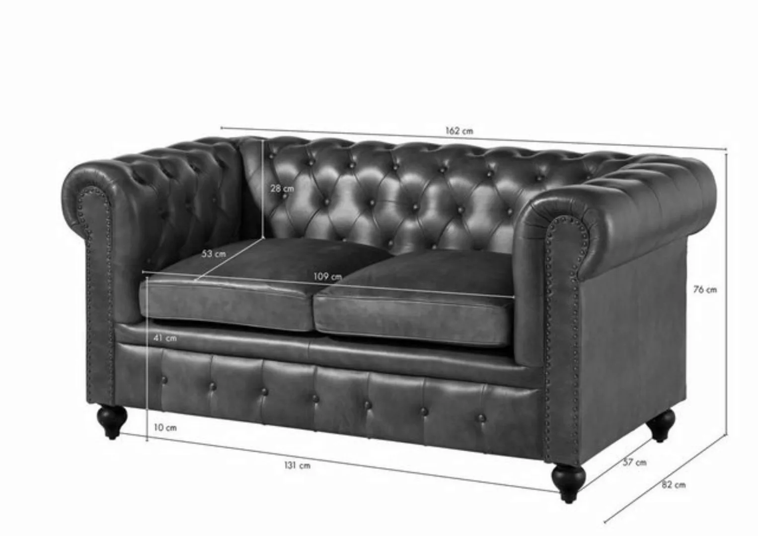 Massivmoebel24 Sofa Sofa 2-Sitzer Echtleder 158x82x75 grau CHESTERFIELD #20 günstig online kaufen