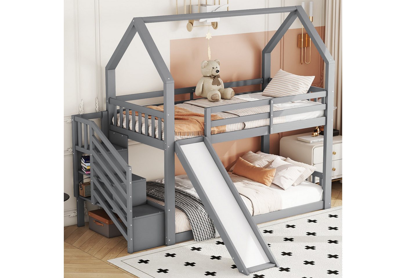 Flieks Etagenbett, Kinderbett mit Treppe & Rutsche & oberem Lattenrost 90x2 günstig online kaufen