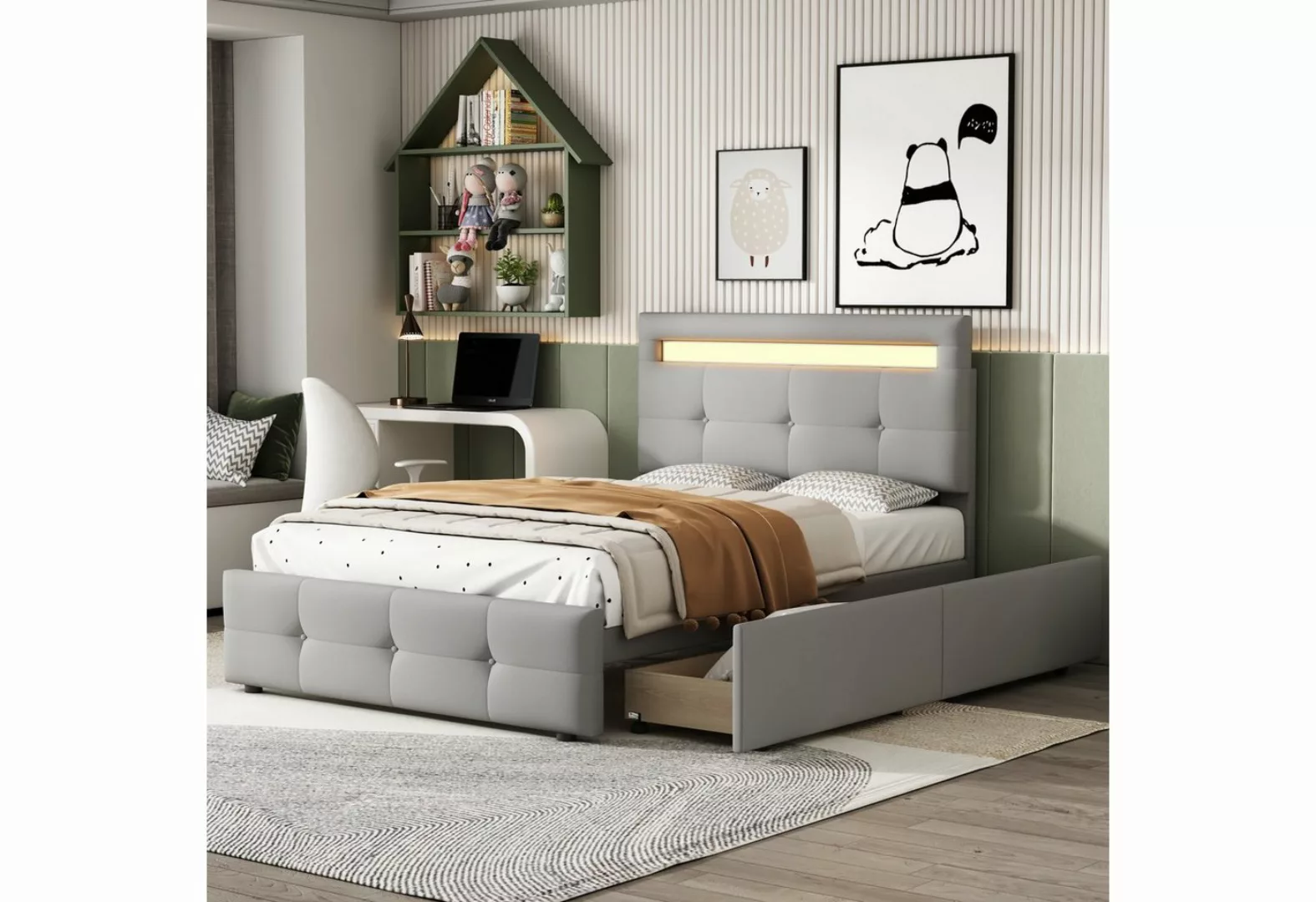 Merax Polsterbett mit 2 Schubladen und LED-Beleuchtung, Einzelbett 90x200 c günstig online kaufen