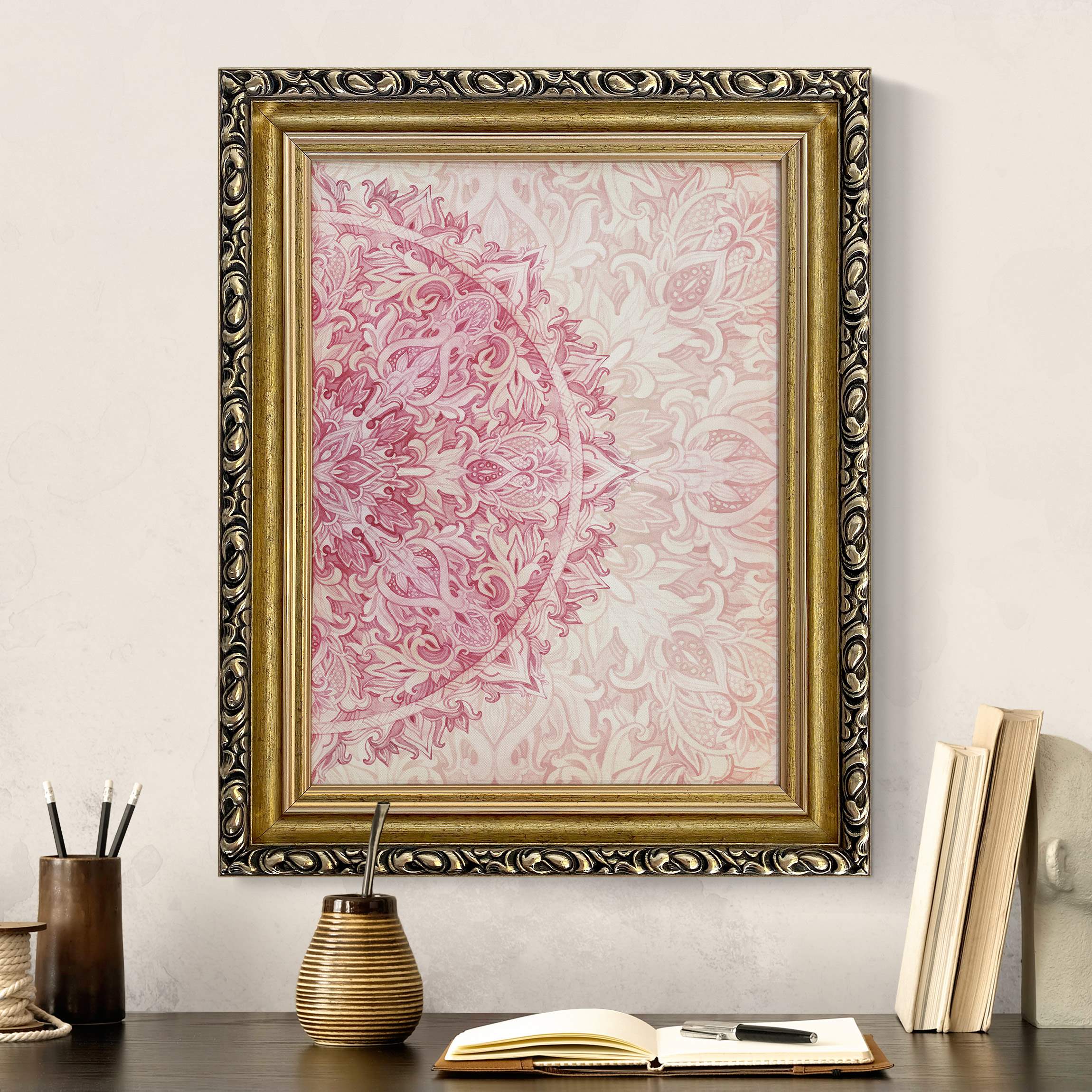 Gerahmtes Leinwandbild Mandala Aquarell Ornament Halbkreis pink beige günstig online kaufen