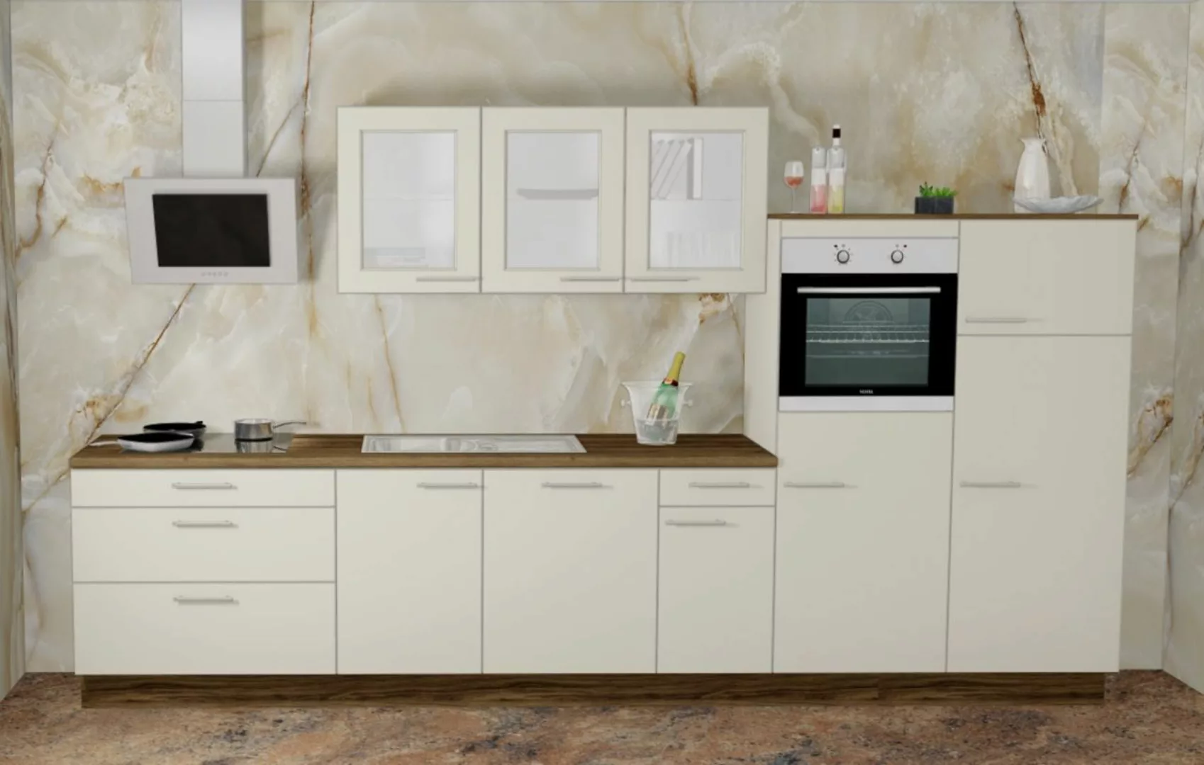 Einbauküche MANKALIGNO 1 Kaschmir - Schränke montiert/ Küchenzeile 345 cm m günstig online kaufen