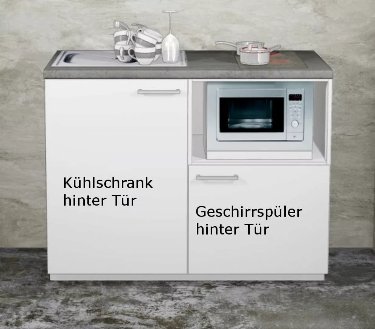 Miniküche MANKAMINI 14 (Höhe XXL) Weiß, 120 cm mit Kochfeld/Mikro/Kühlschra günstig online kaufen