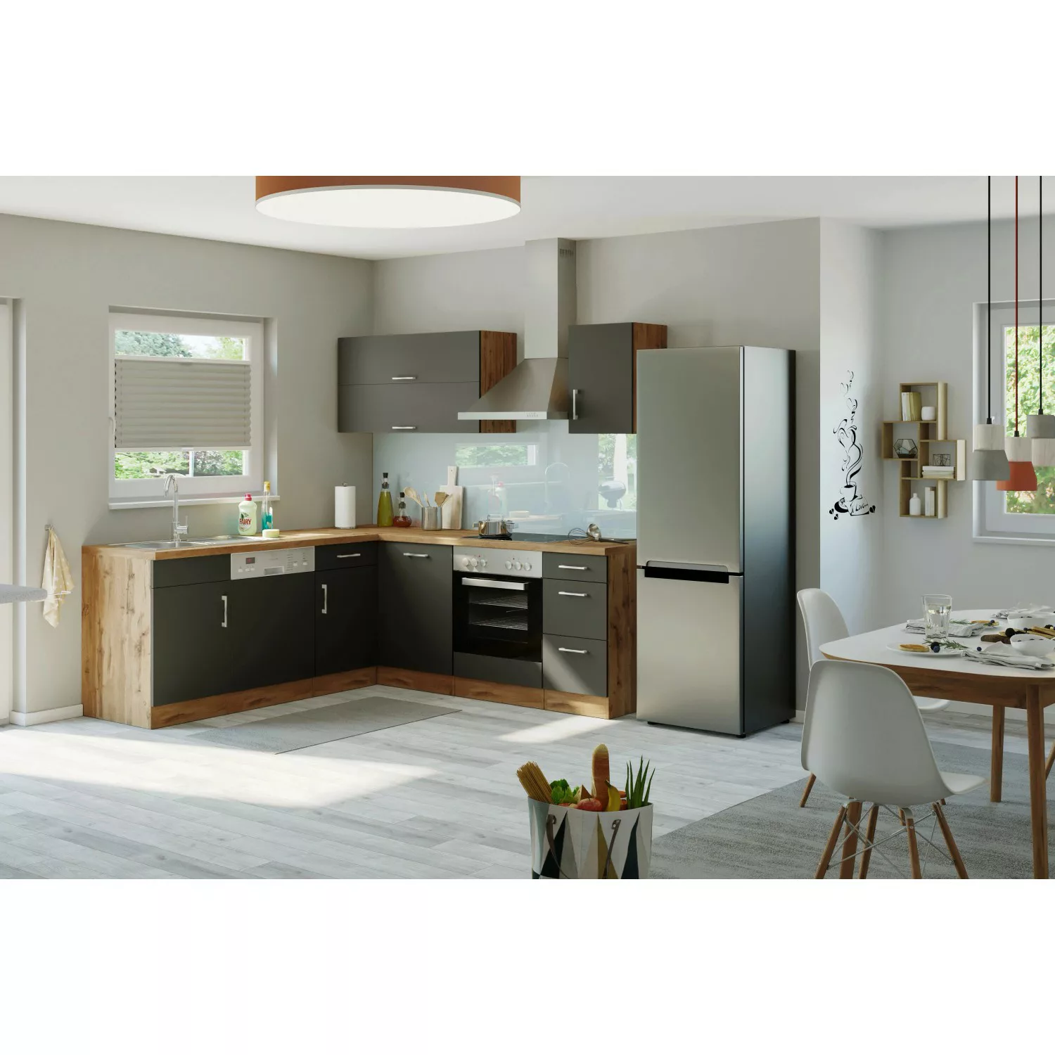 Held Möbel Küchenzeile Sorrento 210 cm Wotaneiche-Grafit Winkel günstig online kaufen