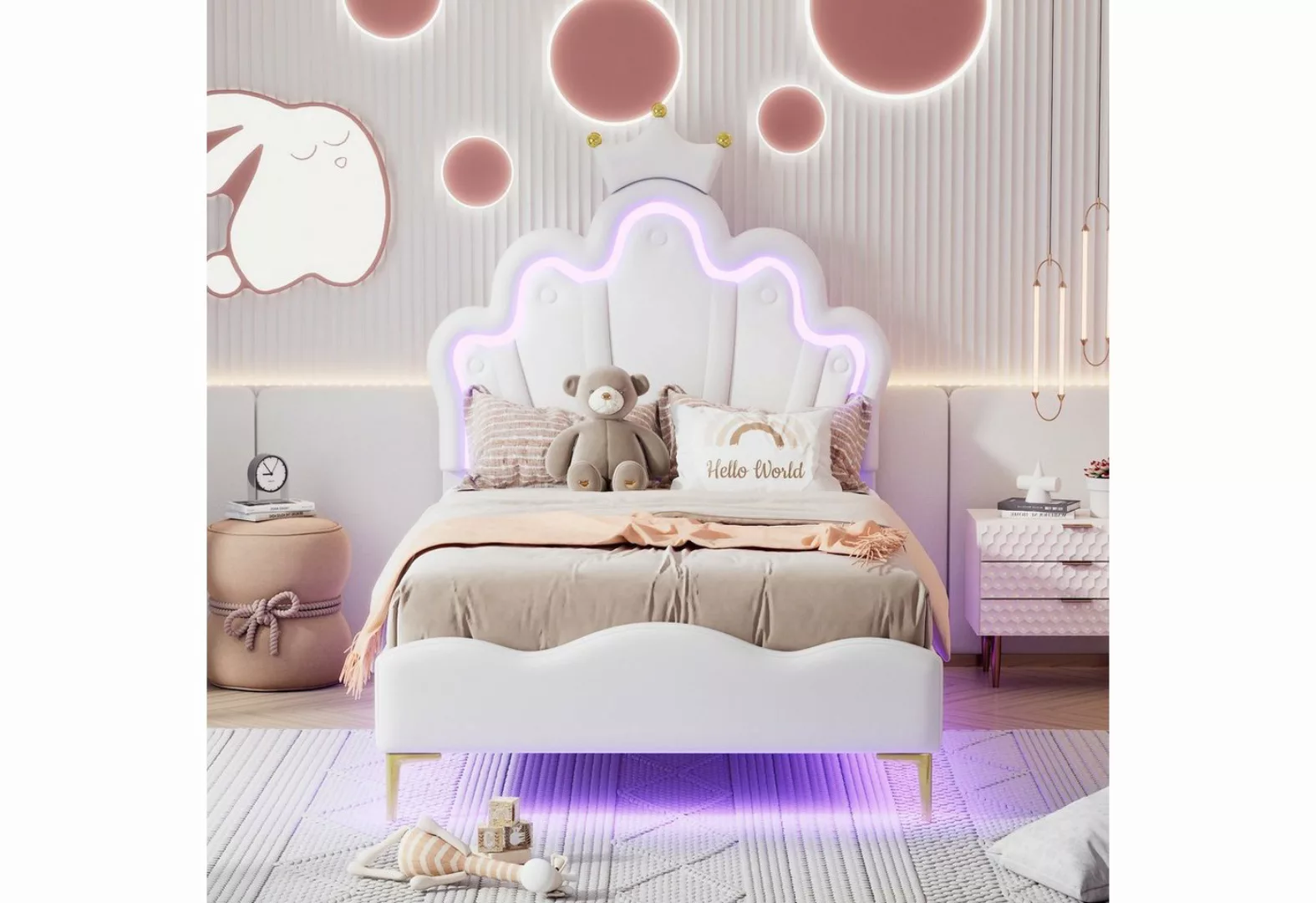 Flieks Polsterbett, LED Kinderbett Einzelbett mit krone-Form Prinzessinnenb günstig online kaufen