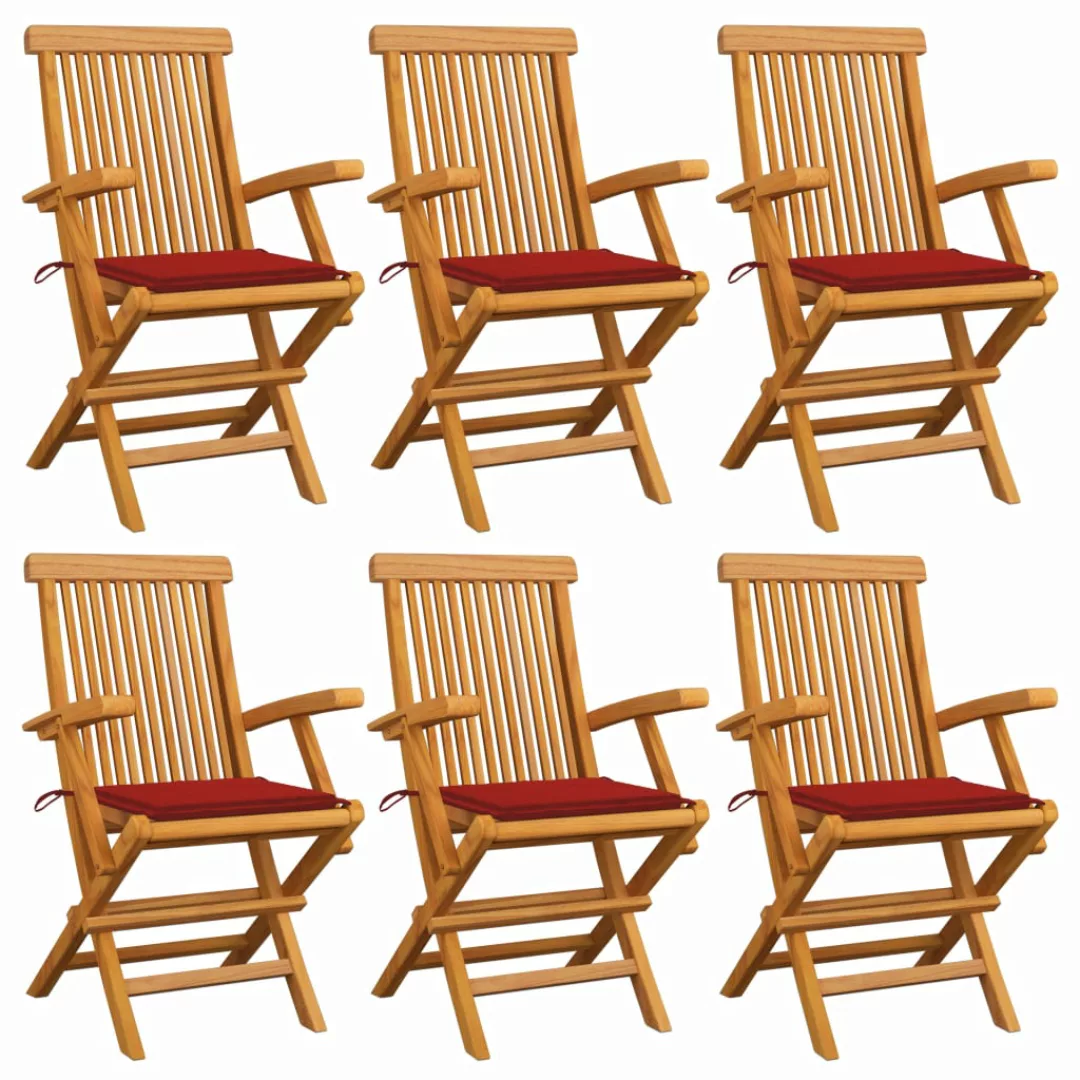 Gartenstühle Mit Roten Kissen 6 Stk. Massivholz Teak günstig online kaufen