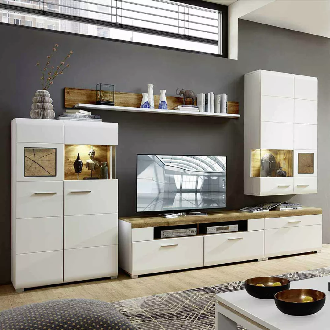 Wohnzimmer Wohnwand in Weiß Eiche Holz Dekor LED Beleuchtung (fünfteilig) günstig online kaufen
