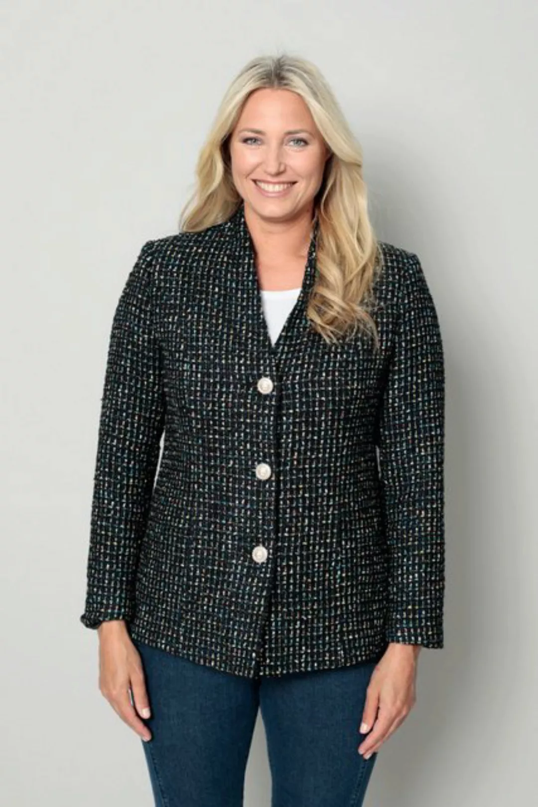 meyermode Blusenblazer Bouclé-Blazer figurumspielend Multicolor-Muster günstig online kaufen