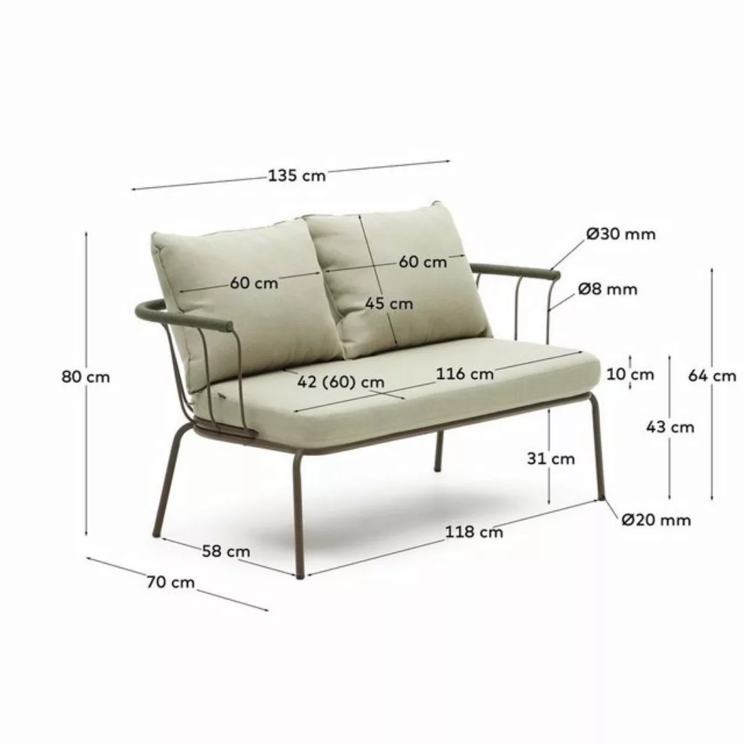 Natur24 Sofa 2-Sitzer Sofa Saluger 135x70x64 cm grünes Seil und Stahl Couch günstig online kaufen