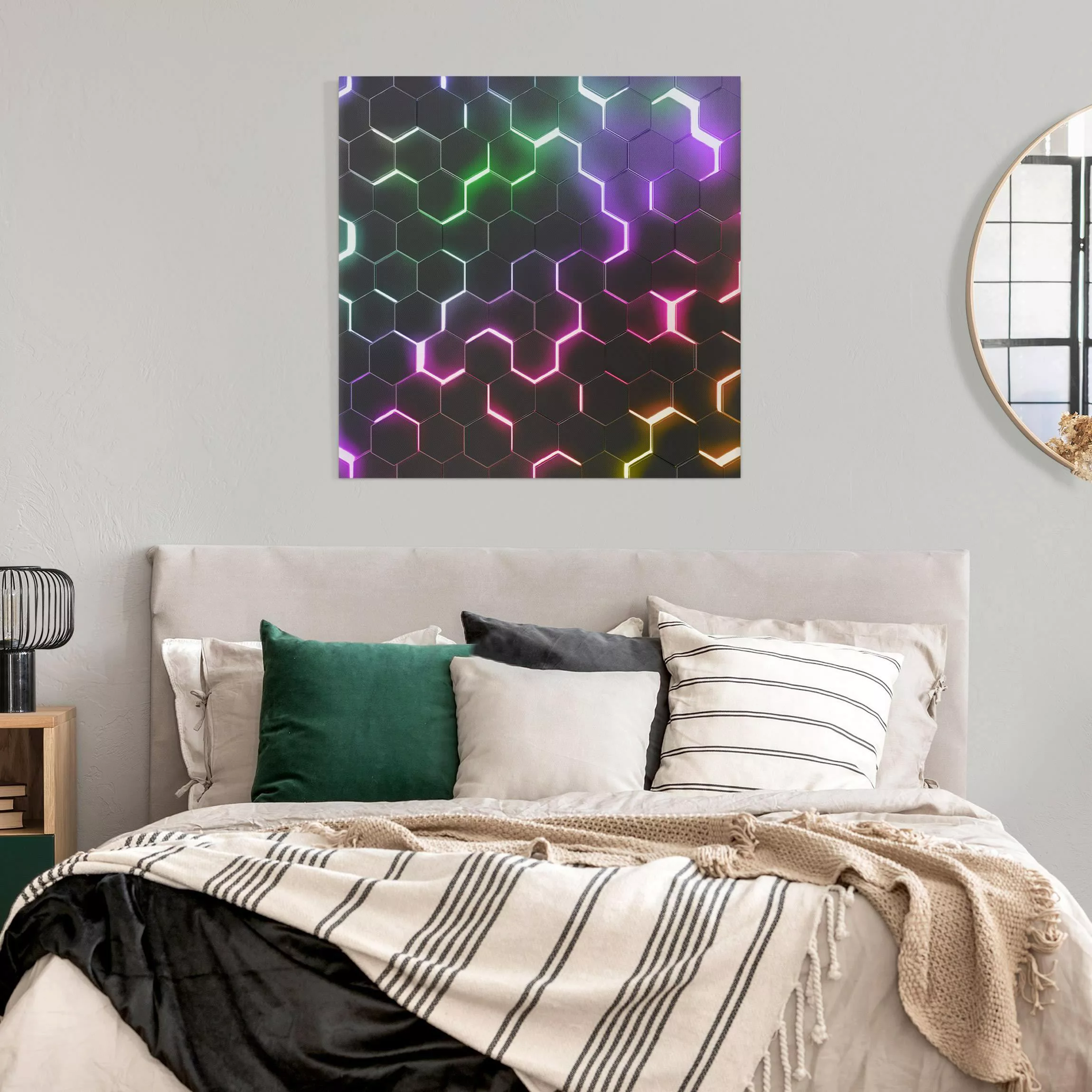 Leinwandbild Strukturierte Hexagone mit Neonlicht günstig online kaufen
