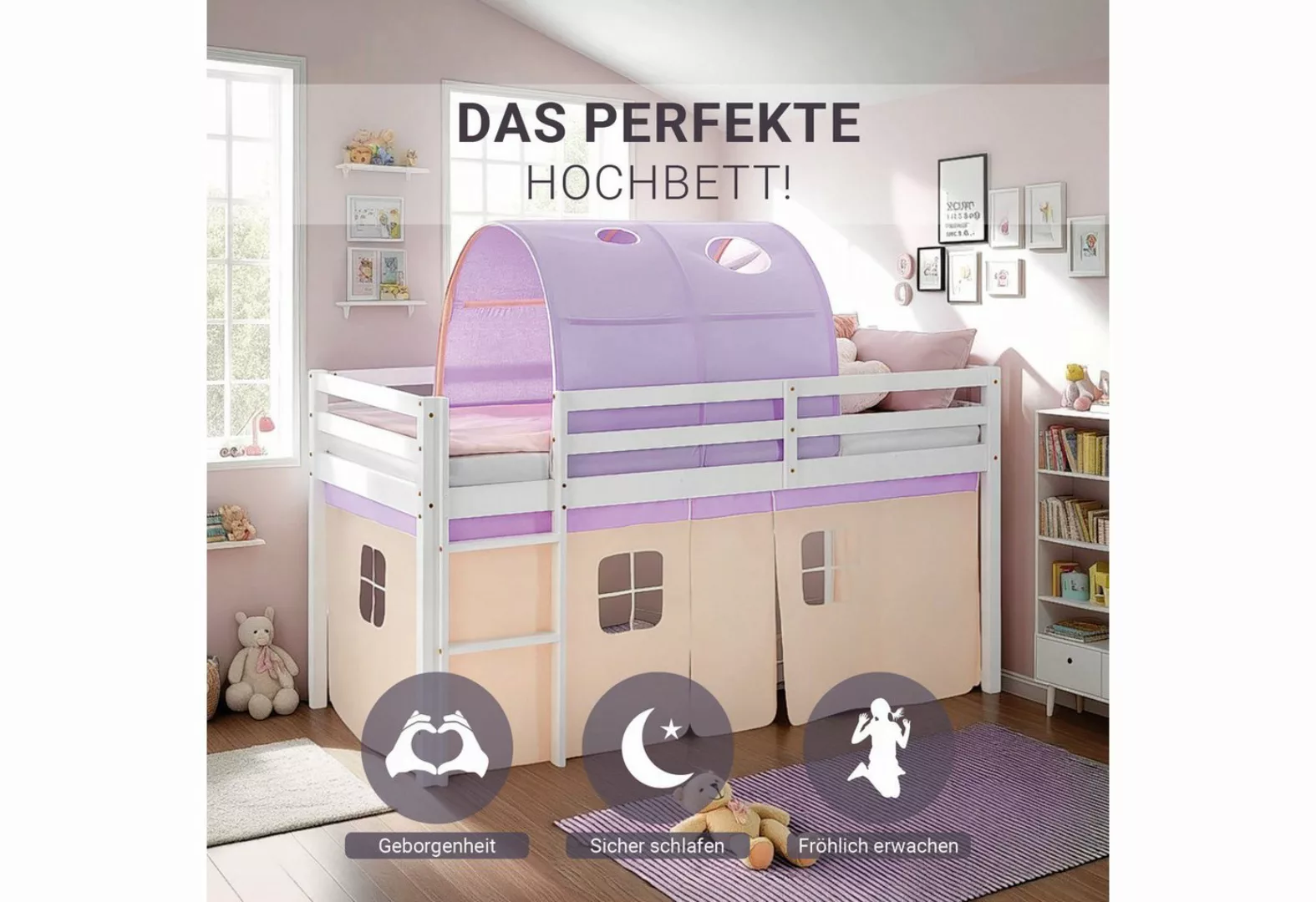 Homestyle4u Hochbett 90x200 cm Kinderbett Tunnel Vorhang Lila Peach Leiter günstig online kaufen