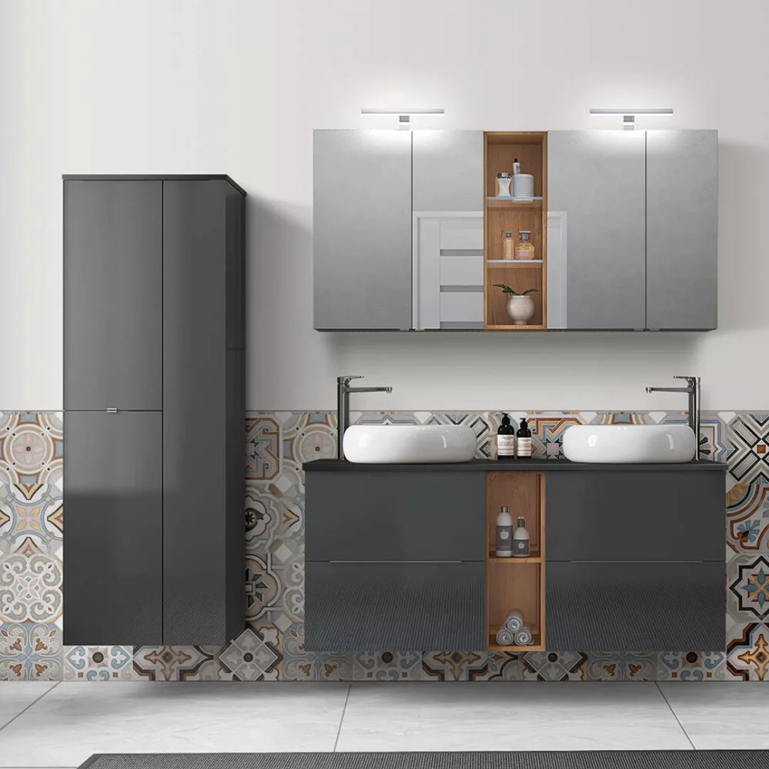 Badezimmermöbel Set mit Waschmaschinenschrank, Wotan Eiche Nb. und Hochglan günstig online kaufen