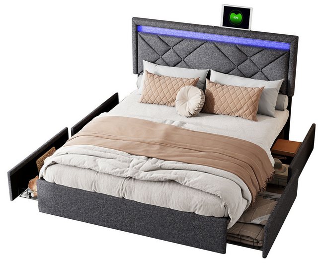 FUROKOY Polsterbett Doppelbett Stauraumbett Mit LED-Beleuchtung USB+TYPE-C günstig online kaufen