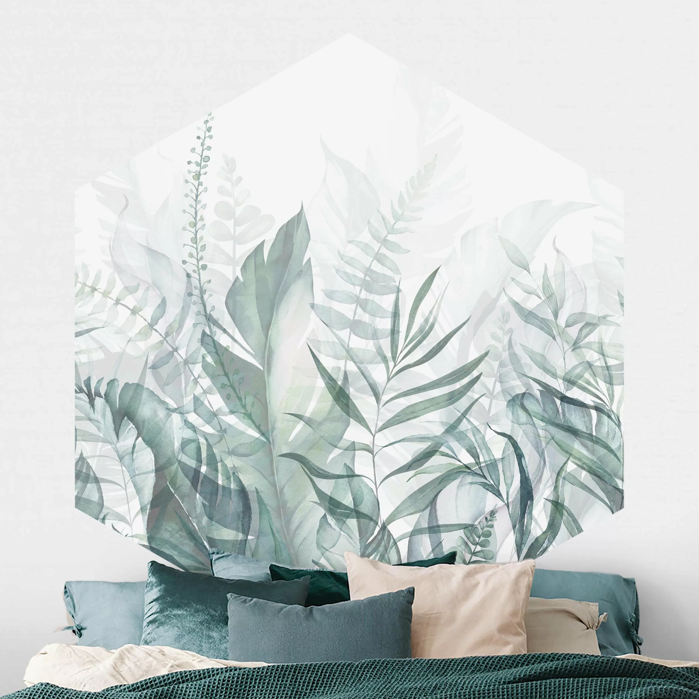 Hexagon Mustertapete selbstklebend Botanik - Tropische Blätter Grün günstig online kaufen