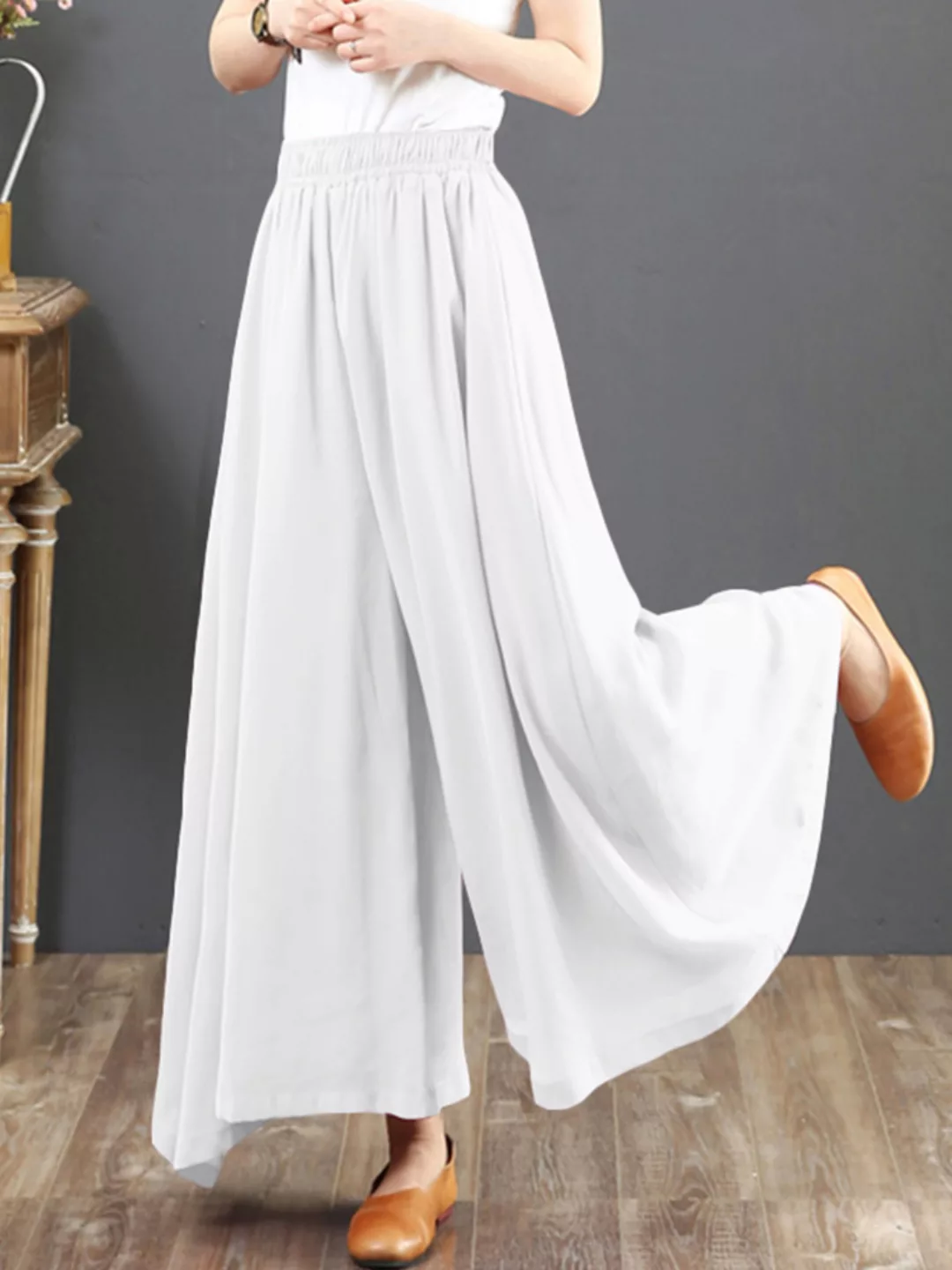 Lässige einfarbige Hose mit weitem Bein und elastischer Taille für Damen günstig online kaufen