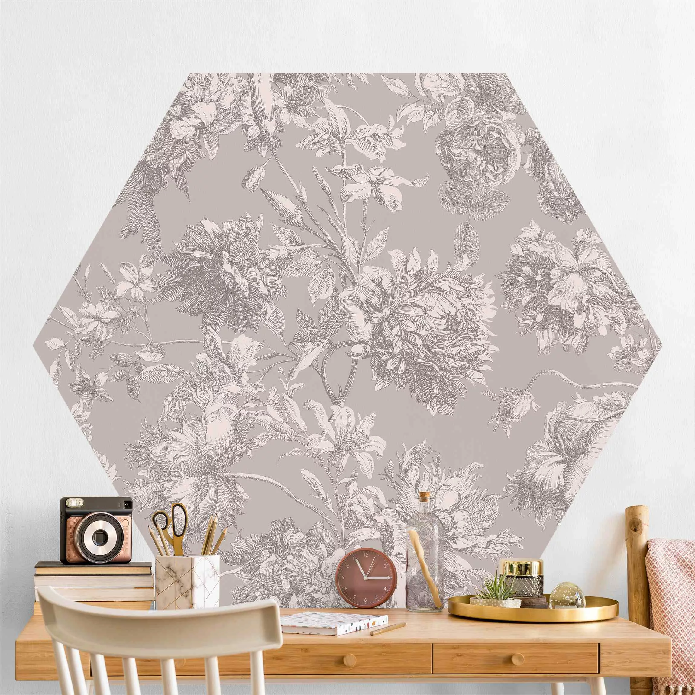 Hexagon Tapete selbstklebend Floraler Kupferstich Sandgrau günstig online kaufen