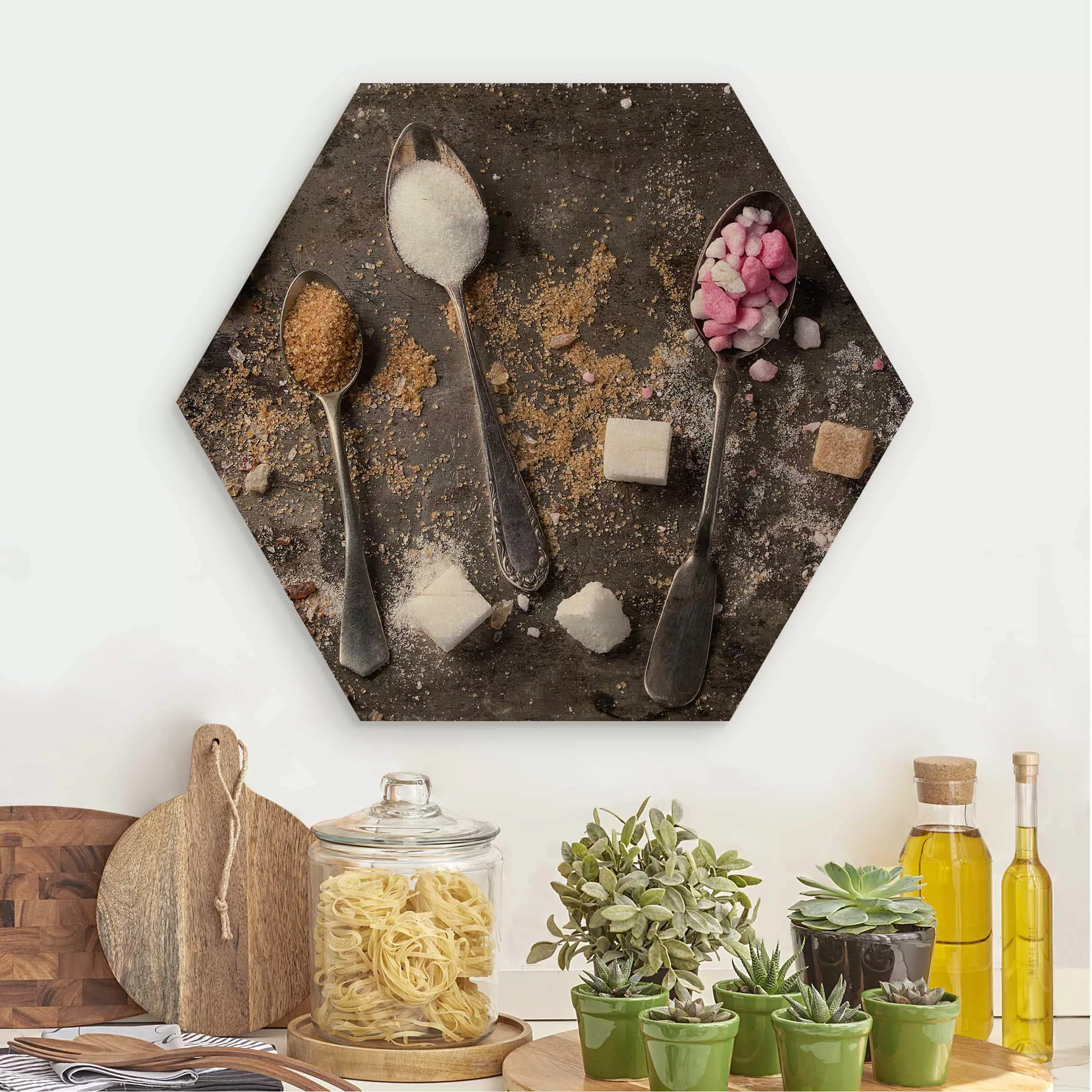 Hexagon-Holzbild Küche Vintage Löffel mit Zucker günstig online kaufen