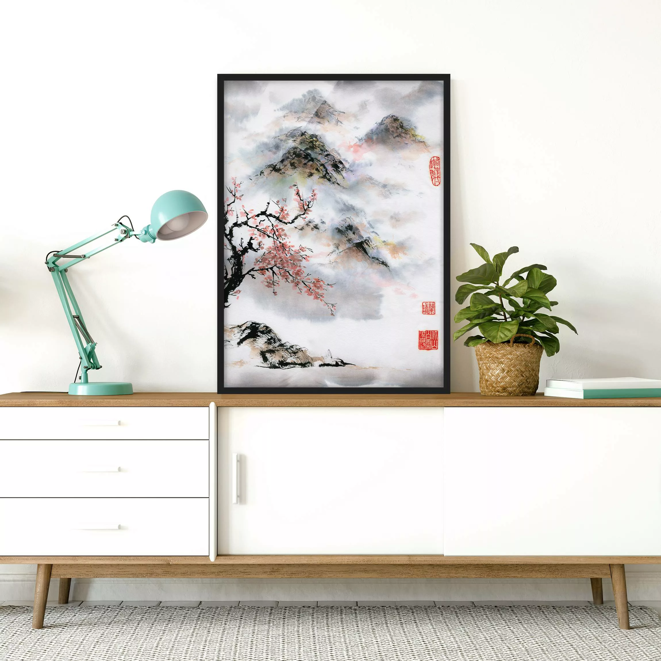 Bild mit Rahmen Blumen - Hochformat Japanische Aquarell Zeichnung Kirschbau günstig online kaufen