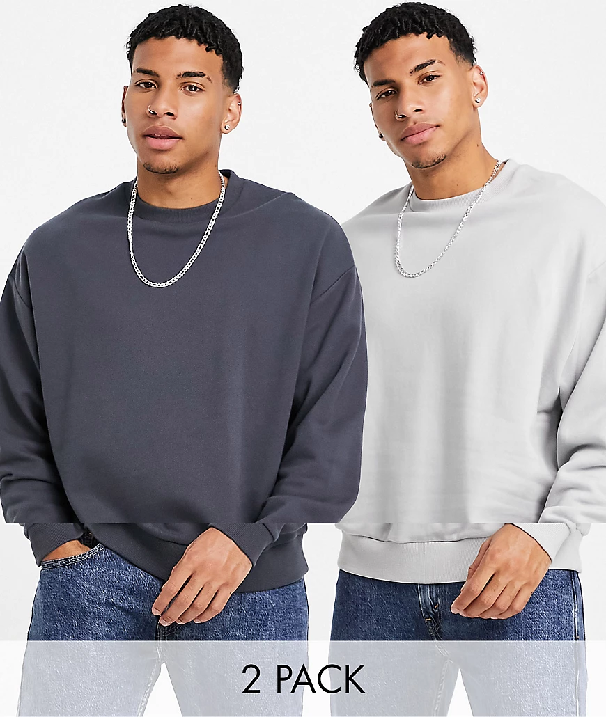 ASOS DESIGN – 2er-Pack Oversize-Sweatshirts in Grau/verwaschenem Schwarz-Me günstig online kaufen