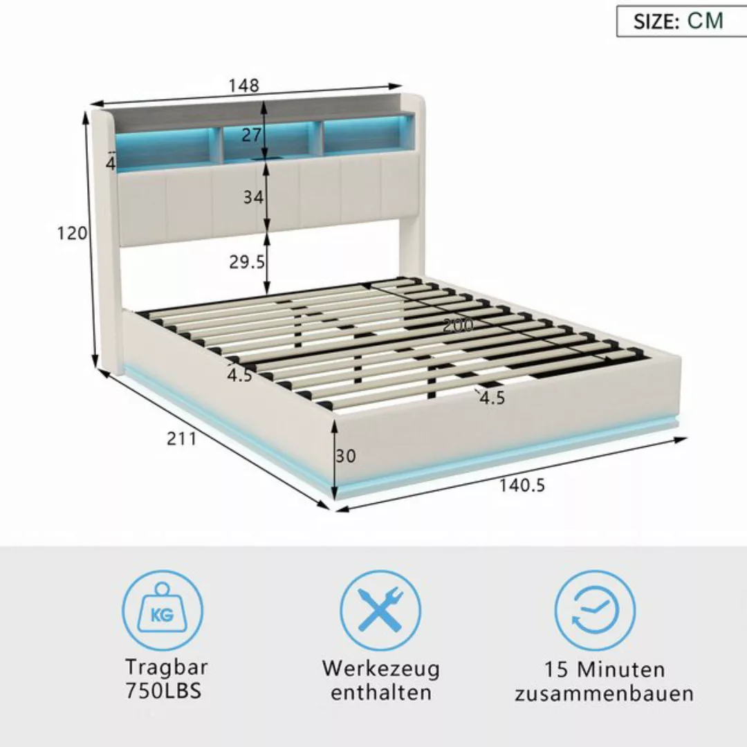 FUROKOY Polsterbett LED Doppelbett mit Ladefunktion, Stauraumkopfteil, (Hyd günstig online kaufen