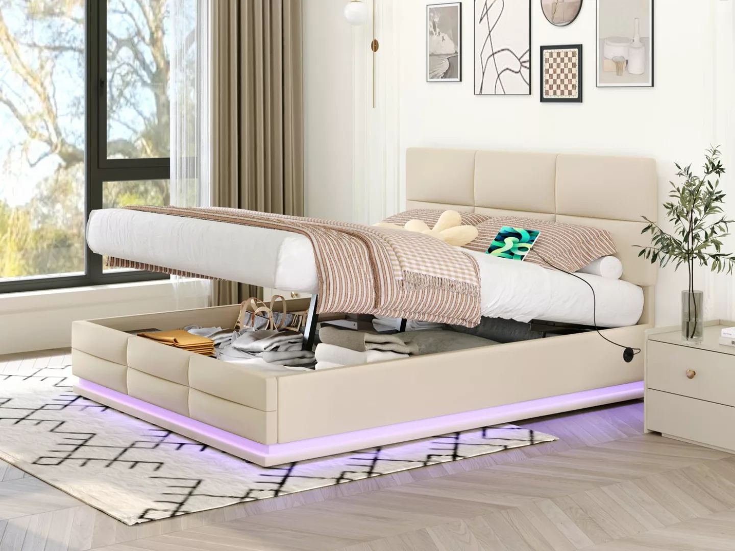 Merax Polsterbett, mit Bettkasten und LED, Stauraumbett 140x200cm, Doppelbe günstig online kaufen