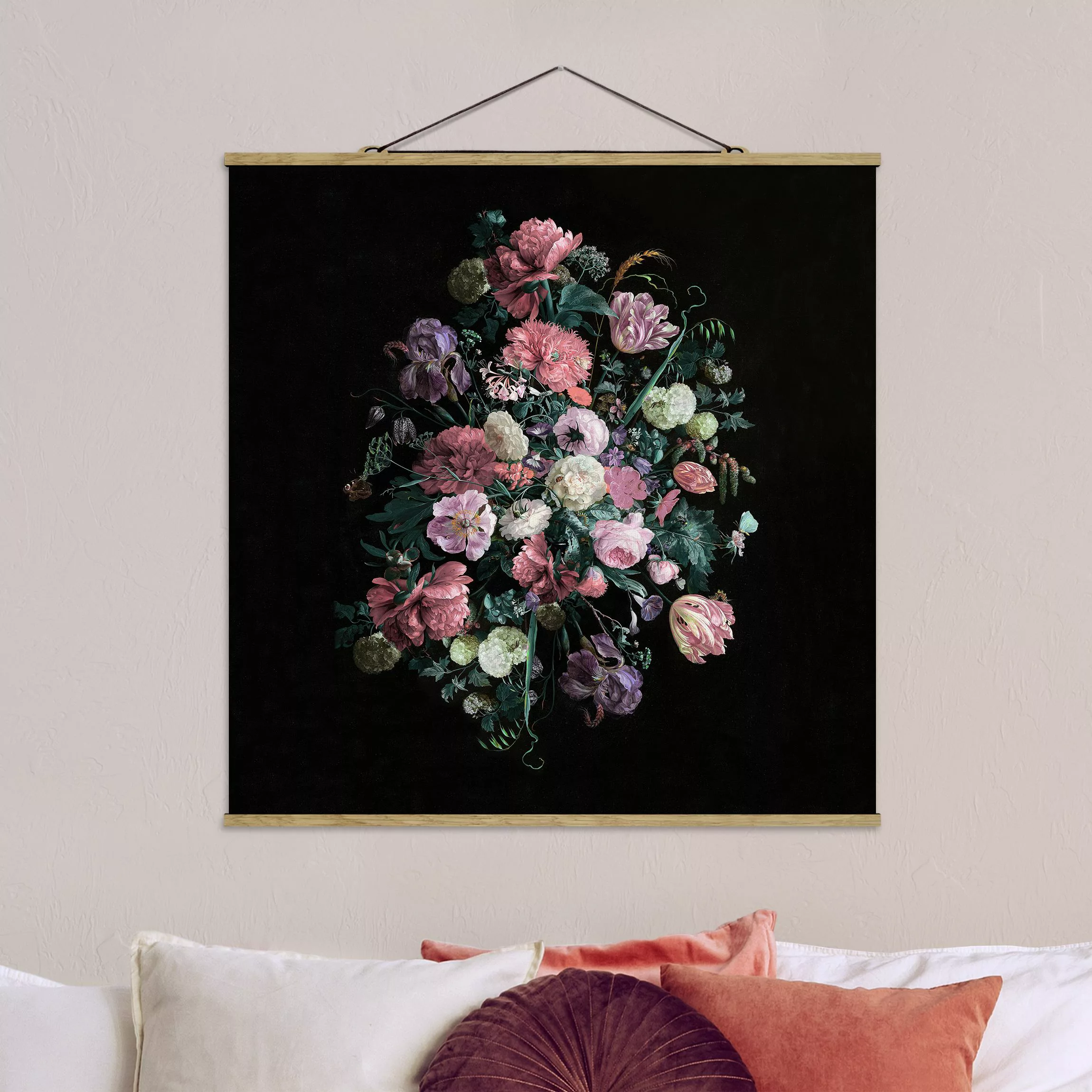 Stoffbild Blumen mit Posterleisten - Quadrat Jan Davidsz de Heem - Dunkles günstig online kaufen