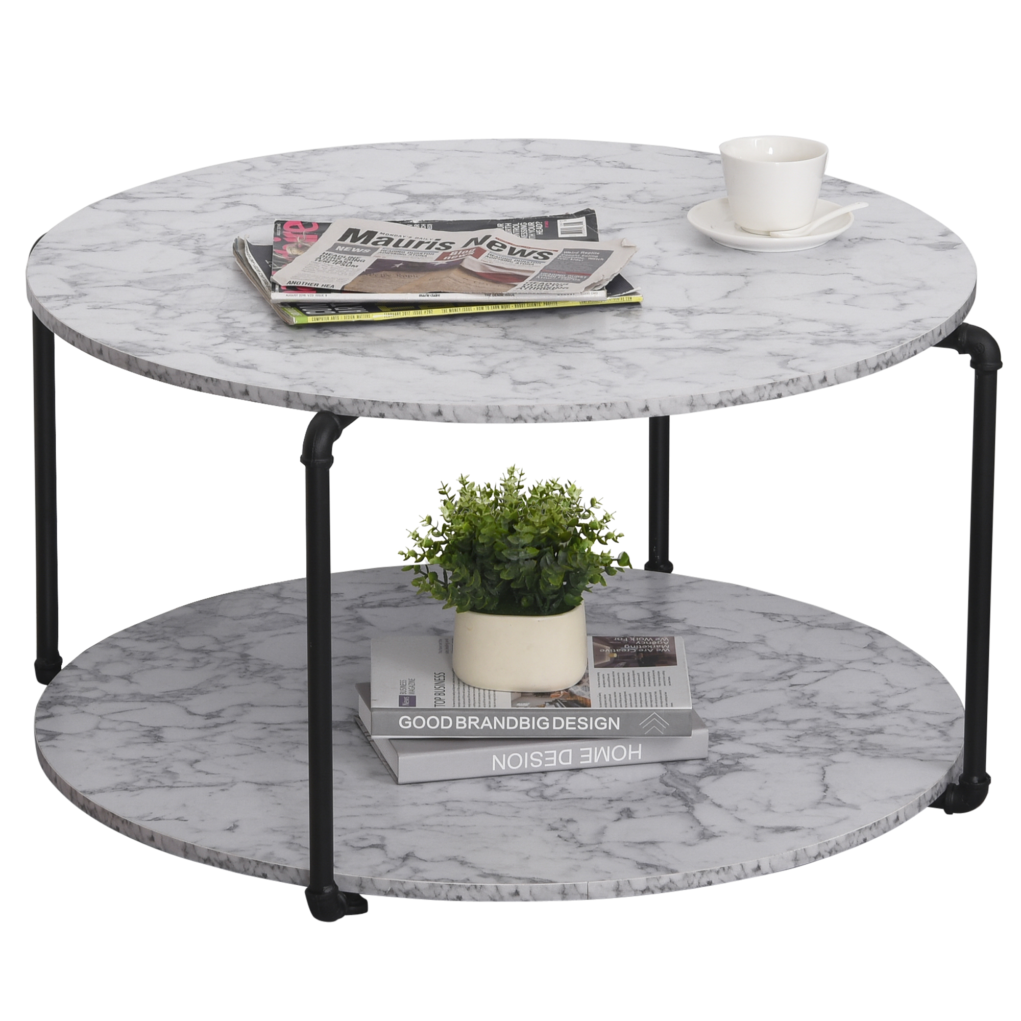 HOMCOM Couchtisch Rund mit Regal Ø 80 x 45H cm Spanplatten Marmorimitat Wei günstig online kaufen